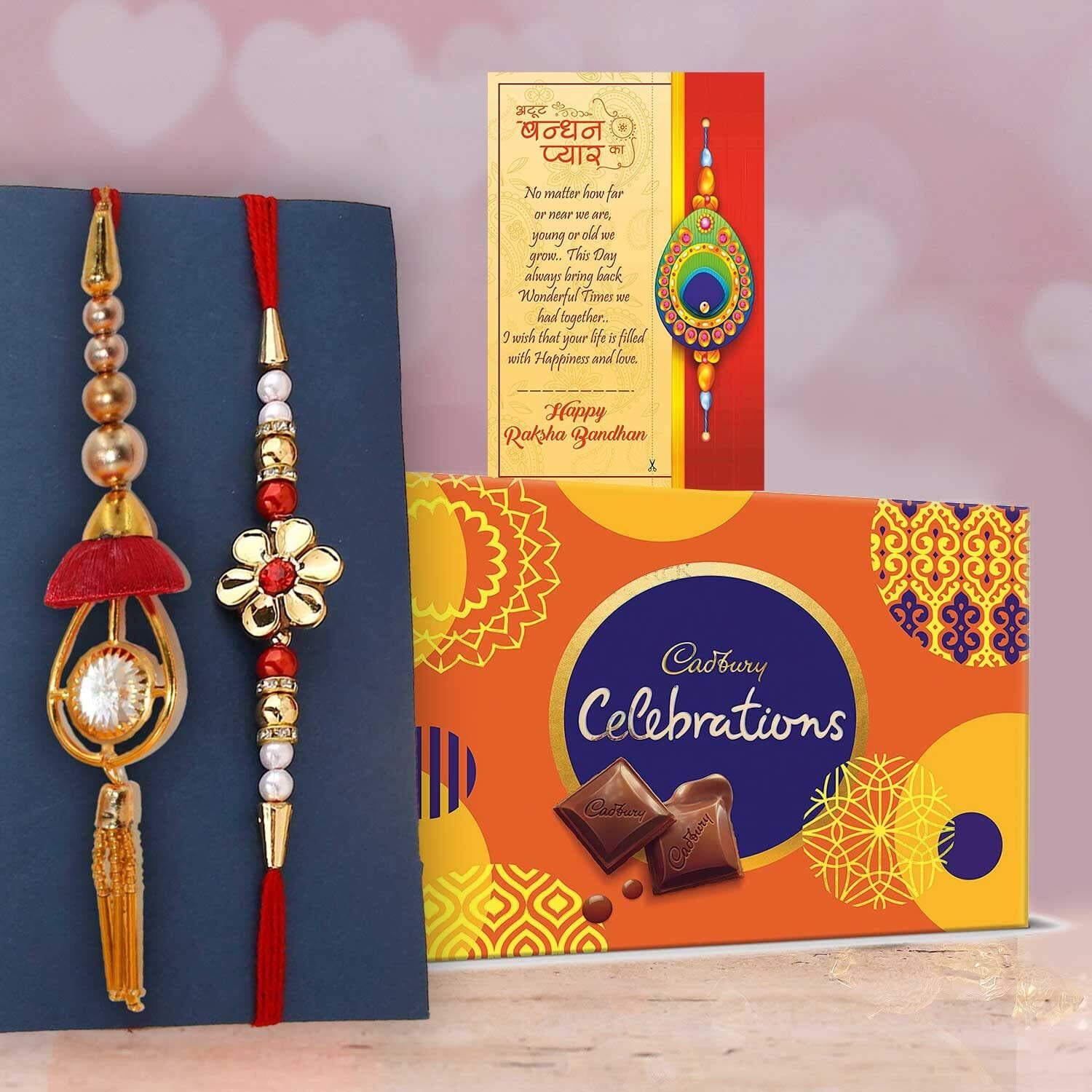 CraftVatika Lumba Rakhi for Bhaiya Bhabhi with Cadbury Celebration Chocolate Box Gift Hamper Set, Rakshabandhan Rakhi with Chocolate Combo, Lumba Rakhi for Sister In Law