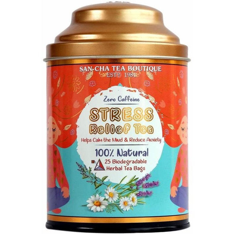 SAN-CHA Tea Boutique, Stress Relief Tea, Caffeine Free Herbal Tea, 25 Pyramid Tea Bags, Herbal Infusion Tea, Chamomile Flowers+ Lavender Flowers+ Mint Tea Blend, Pack Of 1-140 Gm