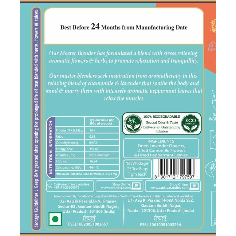 SAN-CHA Tea Boutique, Stress Relief Tea, Caffeine Free Herbal Tea, 25 Pyramid Tea Bags, Herbal Infusion Tea, Chamomile Flowers+ Lavender Flowers+ Mint Tea Blend, Pack Of 1-140 Gm