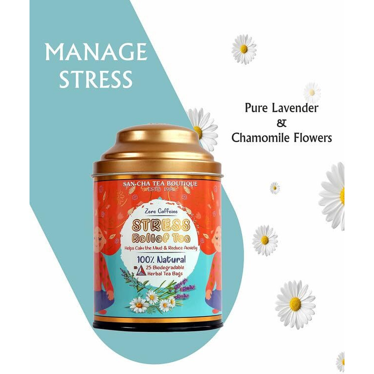 SAN-CHA Tea Boutique, Stress Relief Tea, Caffeine Free Herbal Tea, 25 Pyramid Tea Bags, Herbal Infusion Tea, Chamomile Flowers+ Lavender Flowers+ Mint Tea Blend, Pack Of 1-140 Gm