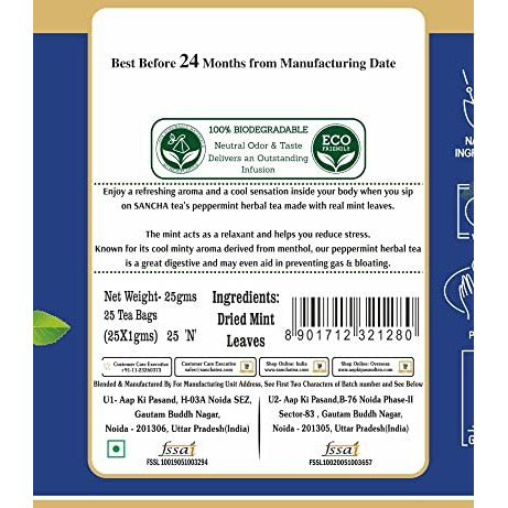 Sancha Tea Boutique, Peppermint Tea, 25 Pyramid Tea Bags, Pure Mint Tea Bags, Caffeine Free Herbal Tea, Pcos Herbal Tea - 25 Gm