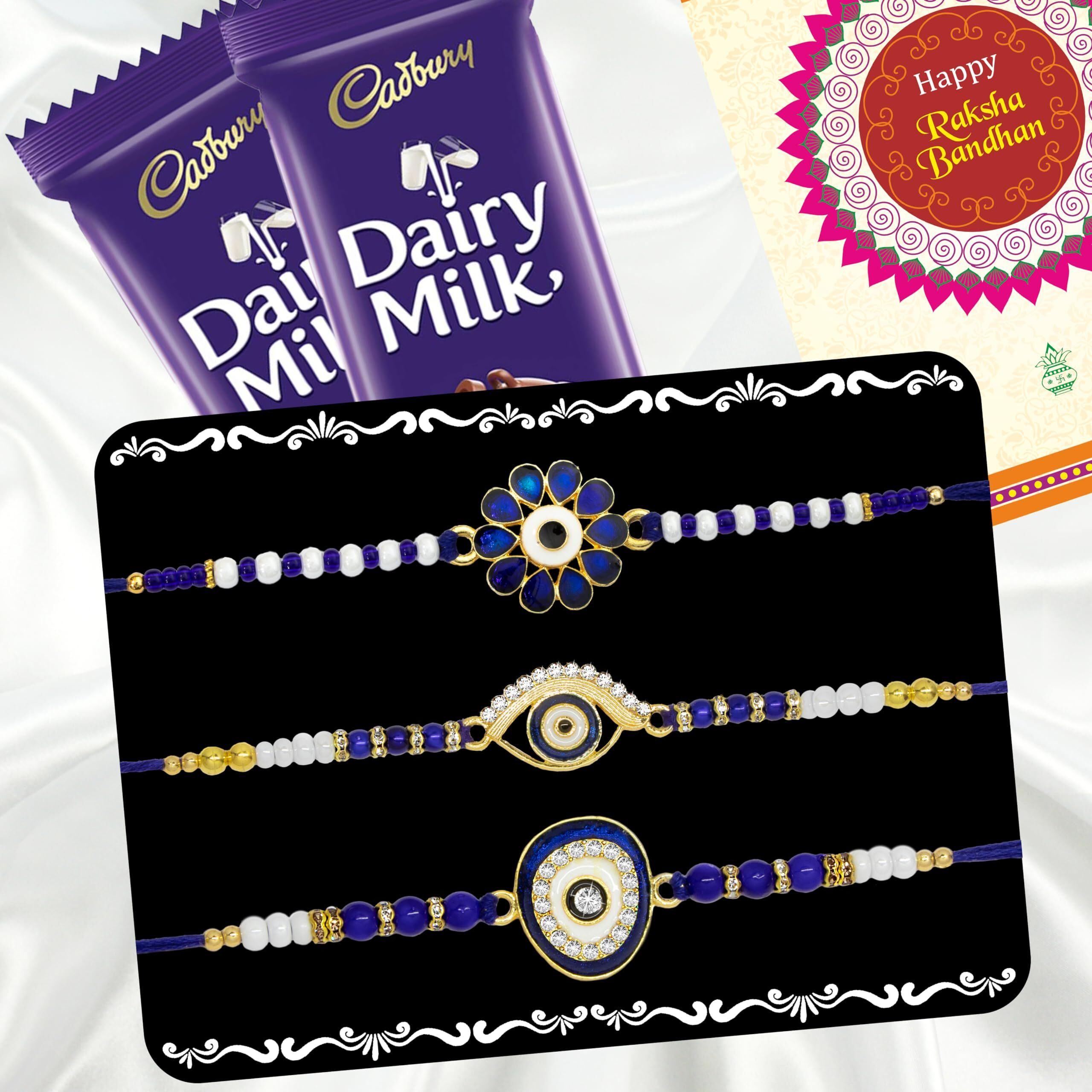 Canton Rakhi With Chocolate Gift Combo, Pack of 3 Designer Rakhi For Brother With Chocolate Gift, Roli & Greeting Card (Design-3, Rakhi With Cadbury)