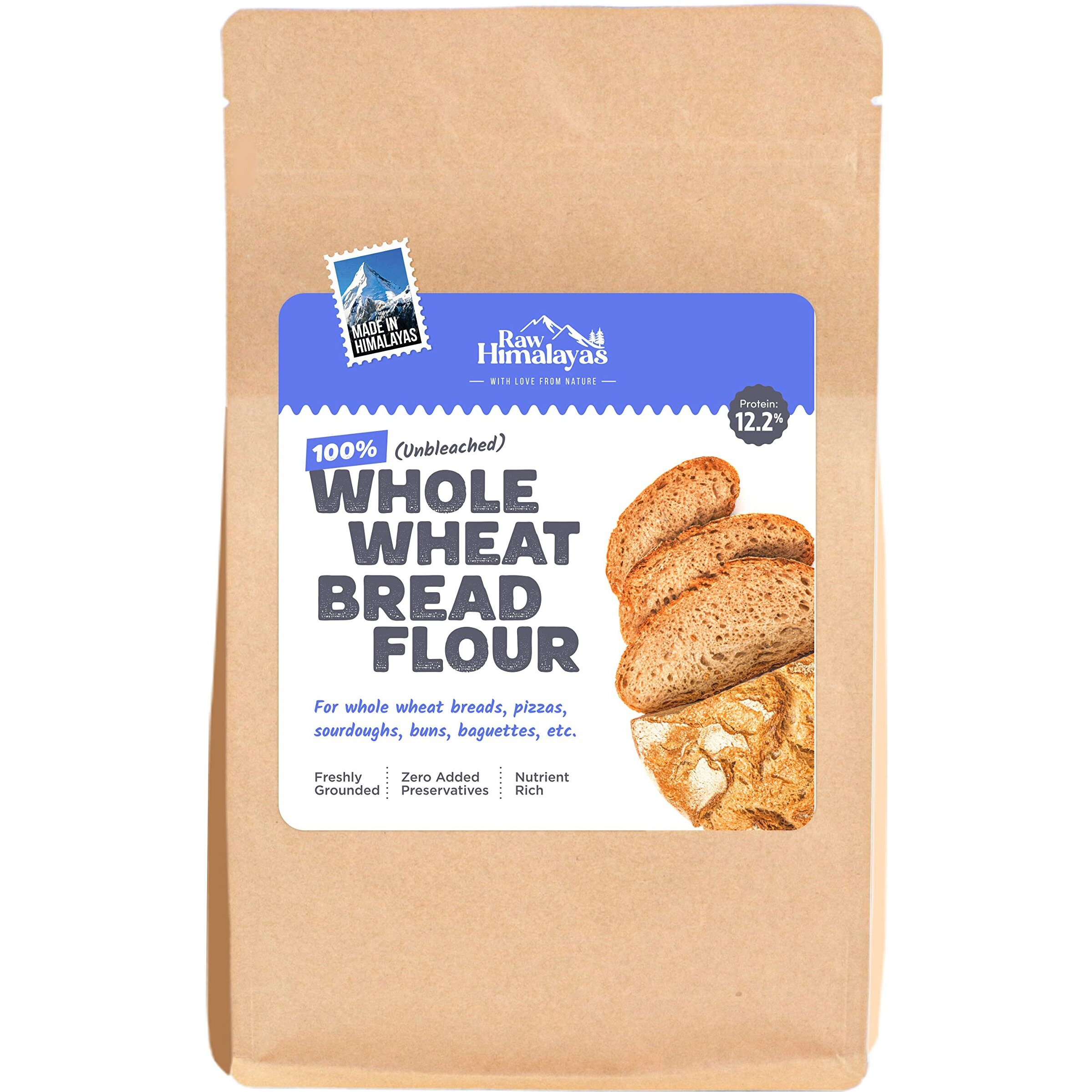 Raw Himalayas 100% Whole Wheat Bread Flour (5 Kg), Unbleached | Brown/Malted Breads | Sourdoughs | Pizza Base | Graham Crackers | Whole Wheat Biscuits | Cookies | High Protein | Himalayan flour