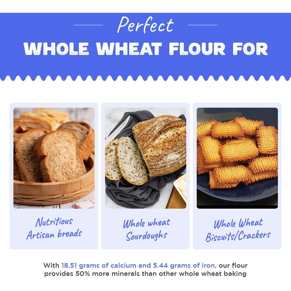 Raw Himalayas 100% Whole Wheat Bread Flour (5 Kg), Unbleached | Brown/Malted Breads | Sourdoughs | Pizza Base | Graham Crackers | Whole Wheat Biscuits | Cookies | High Protein | Himalayan flour