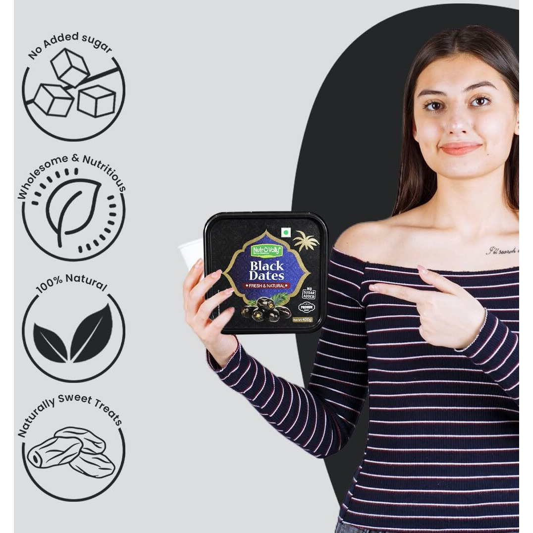 NutroVally Black Dates 400gm | Healthy & Nutritious khajur Dry Fruits | Rich in Protein and Vitamins khajoor | No Added Sugar Premium Vegan Dates