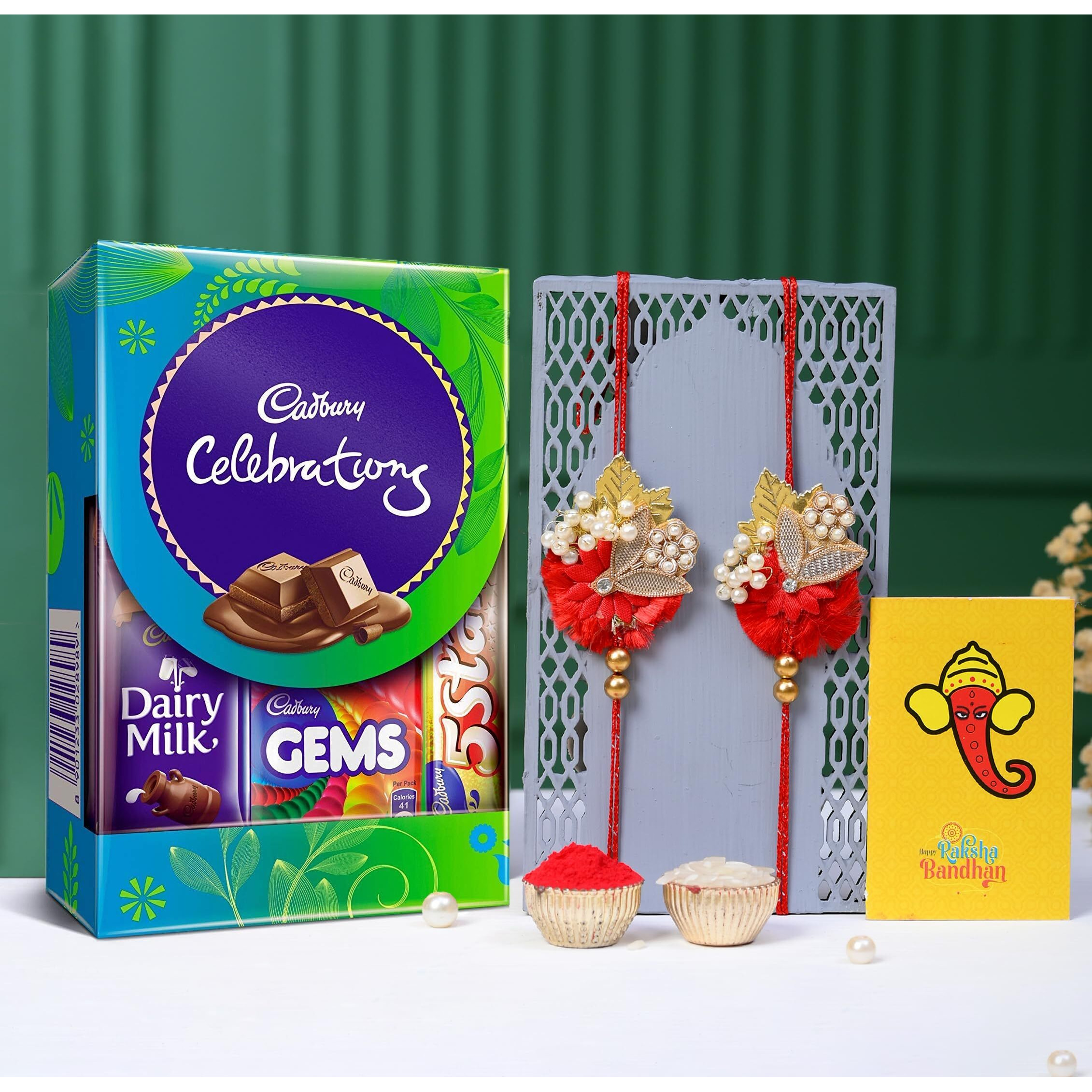 CraftVatika Rakhi with Chocolate Gift Combo for Brother, Bhabhi - Rakhi Chocolate Gift Hamper - Rakhi Set of 2 - Couple Kundan Rakhi Pair Rakhi for Bhai Bhabhi Rakhis Chocolate Coin Combo, 120 Grams