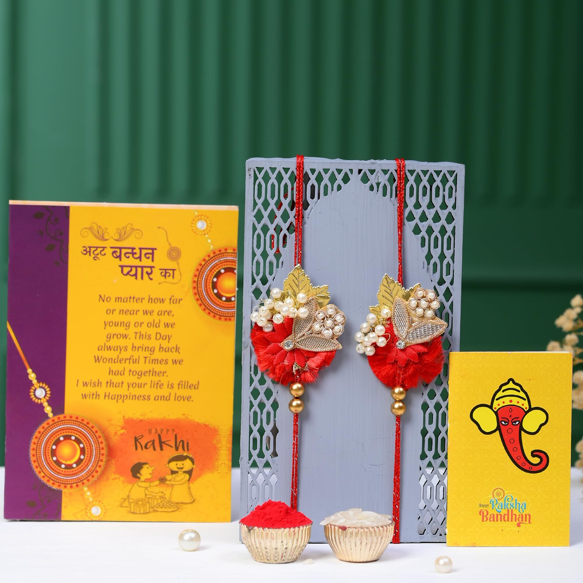 CraftVatika Rakhi with Chocolate Gift Combo for Brother, Bhabhi - Rakhi Chocolate Gift Hamper - Rakhi Set of 2 - Couple Kundan Rakhi Pair Rakhi for Bhai Bhabhi Rakhis Chocolate Coin Combo, 120 Grams