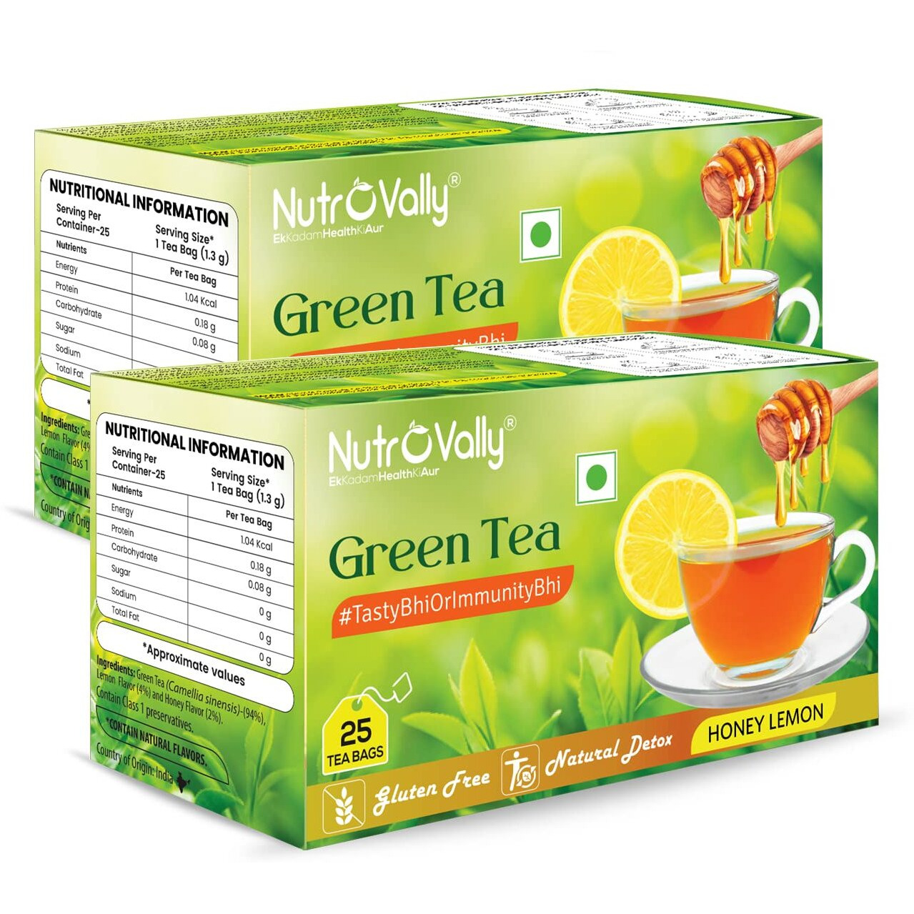 Nutrovally Green Tea Honey Lemon 50 Pcs Tea Bags With Immunity Booster And Natural Vitamins, Slim, Digestion, Skin Glow Premium Green Leaves 2 X 25 Teabag - 150 Gm