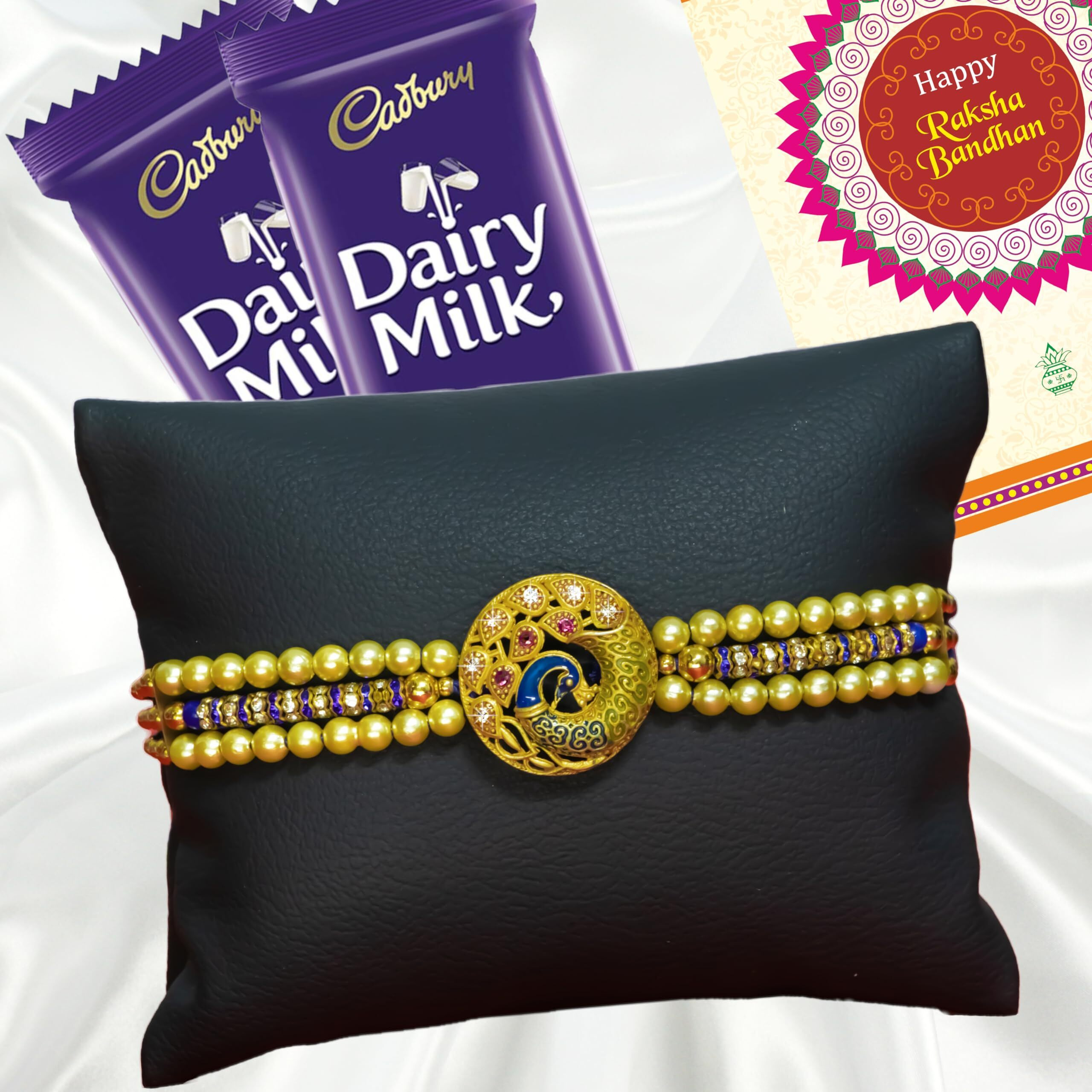 Canton Pack of 1 Rakhi For Brother With Chocolate Gift Hamper, Designer Rakhi With Roli Chawal, Dairy Milk & Greeting Card (Design-6)