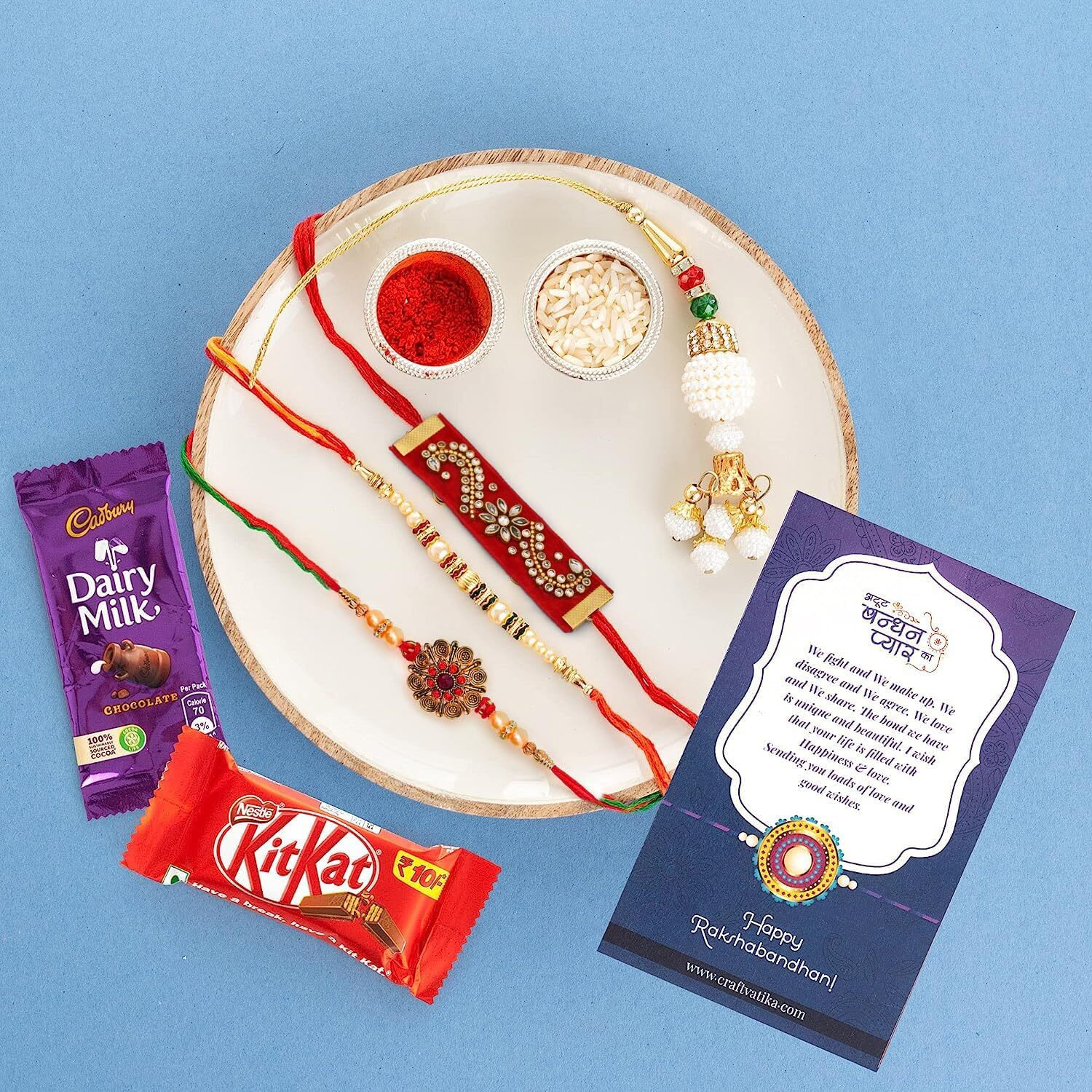 Bhaiya Bhabhi Rakhi Combo with Chocolate, Rakhi for brother with chocolate Gifts Combo Set, Cadbury and Kitkat Rakshabandhan Bhai Bhabhi Hamper Greeting Card, Set of 4 Rakhi