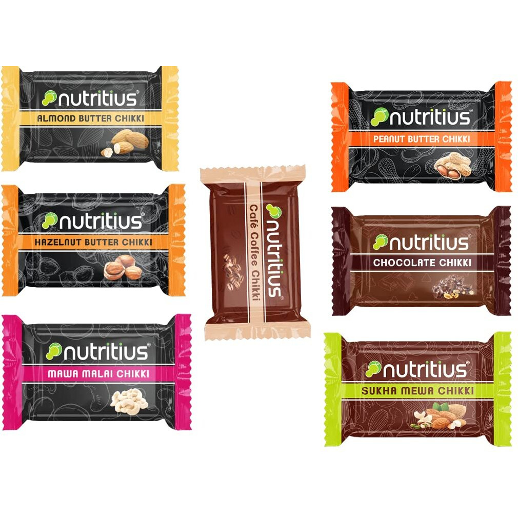Nutritius Peanut Butter, Chocolate, Hazelnut, Sukhamewa, Almond, Coffee And Mawa Malai Soft Combo Chikki Set (Family Pack Of 14, 170 Gram)