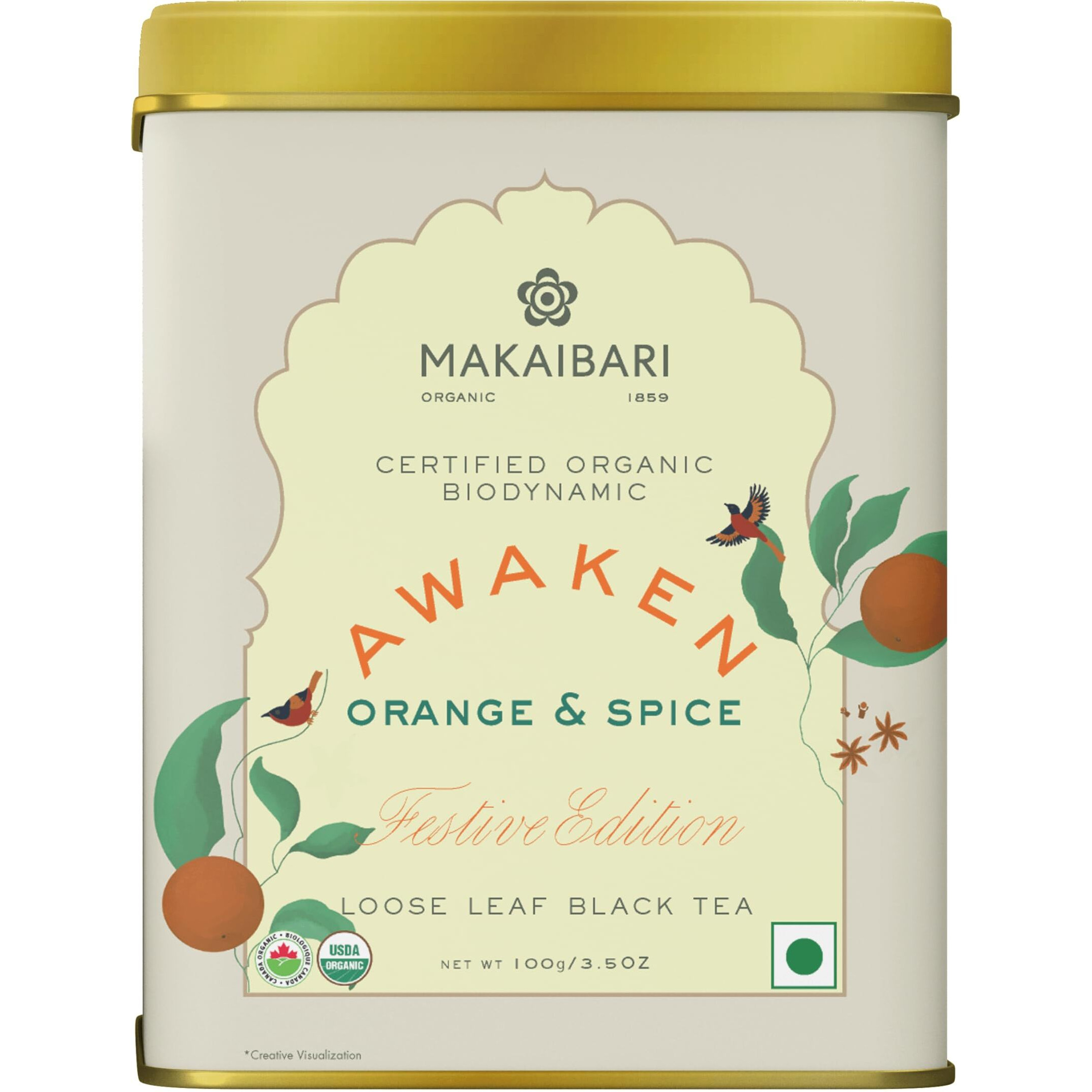 Makaibari Festive Edition Awaken - Orange & Spice Black Tea, Usda Certified Premium Green Tea | Anti-Oxidants, Immunity Booster | Tin Caddy | 100 Gram