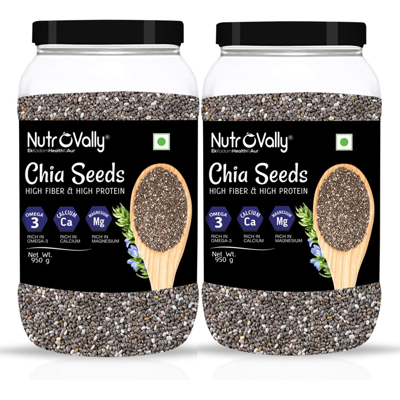 NutroVally Chia Seeds 2kg- Raw Chia Seeds | Organic Chia | Seeds For Eating | Diet Snacks | Chia Seeds for Weight Loss | High Protein Seeds | Rich in Omega 3 (950 g Pack of 2)