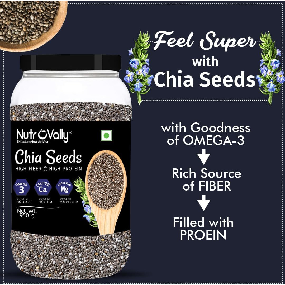 NutroVally Chia Seeds 2kg- Raw Chia Seeds | Organic Chia | Seeds For Eating | Diet Snacks | Chia Seeds for Weight Loss | High Protein Seeds | Rich in Omega 3 (950 g Pack of 2)