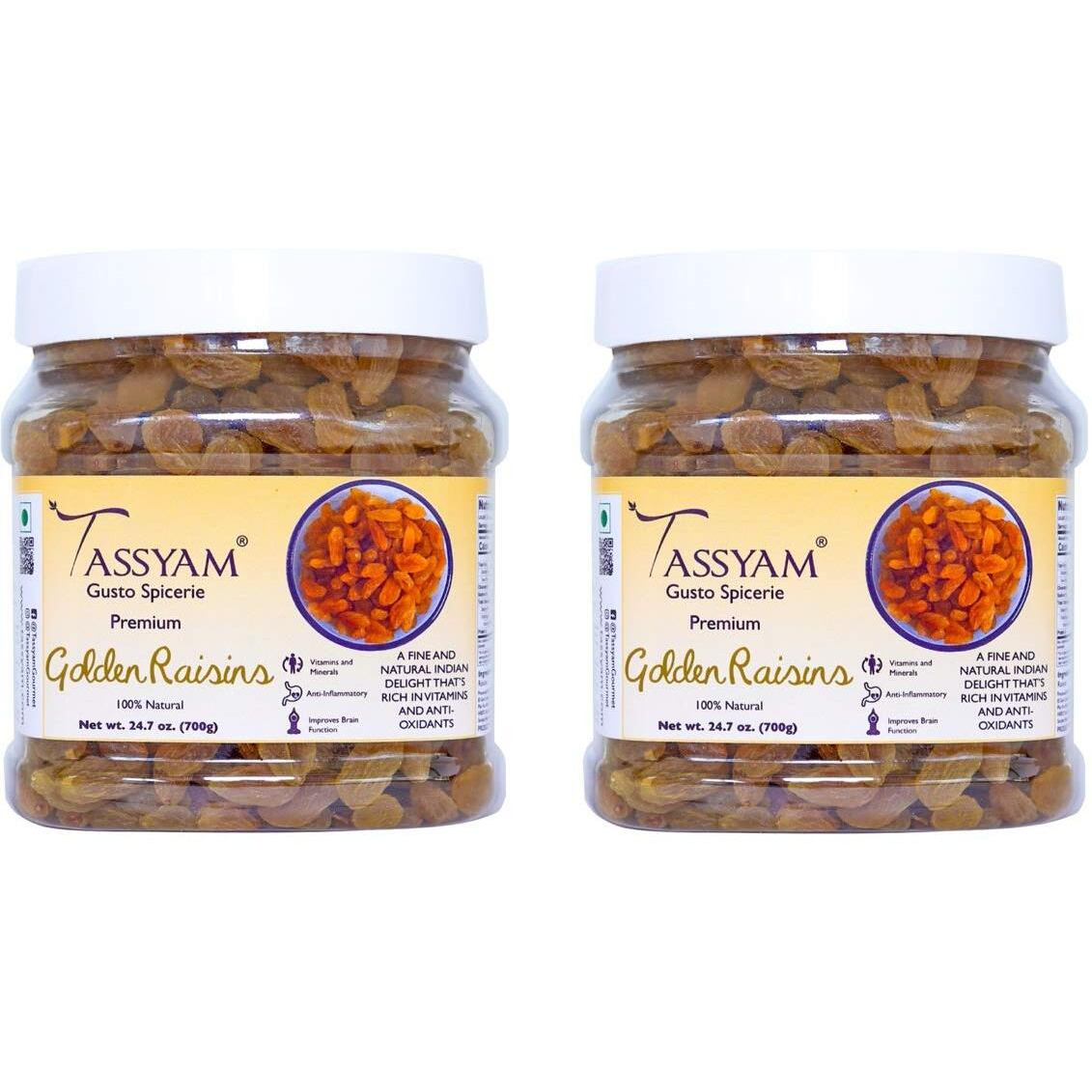 Tassyam Golden Raisins Healthy Juicy Hand-Sorted Jumbo Indian Kishmish Jar, 1.4Kg (2X 700g)