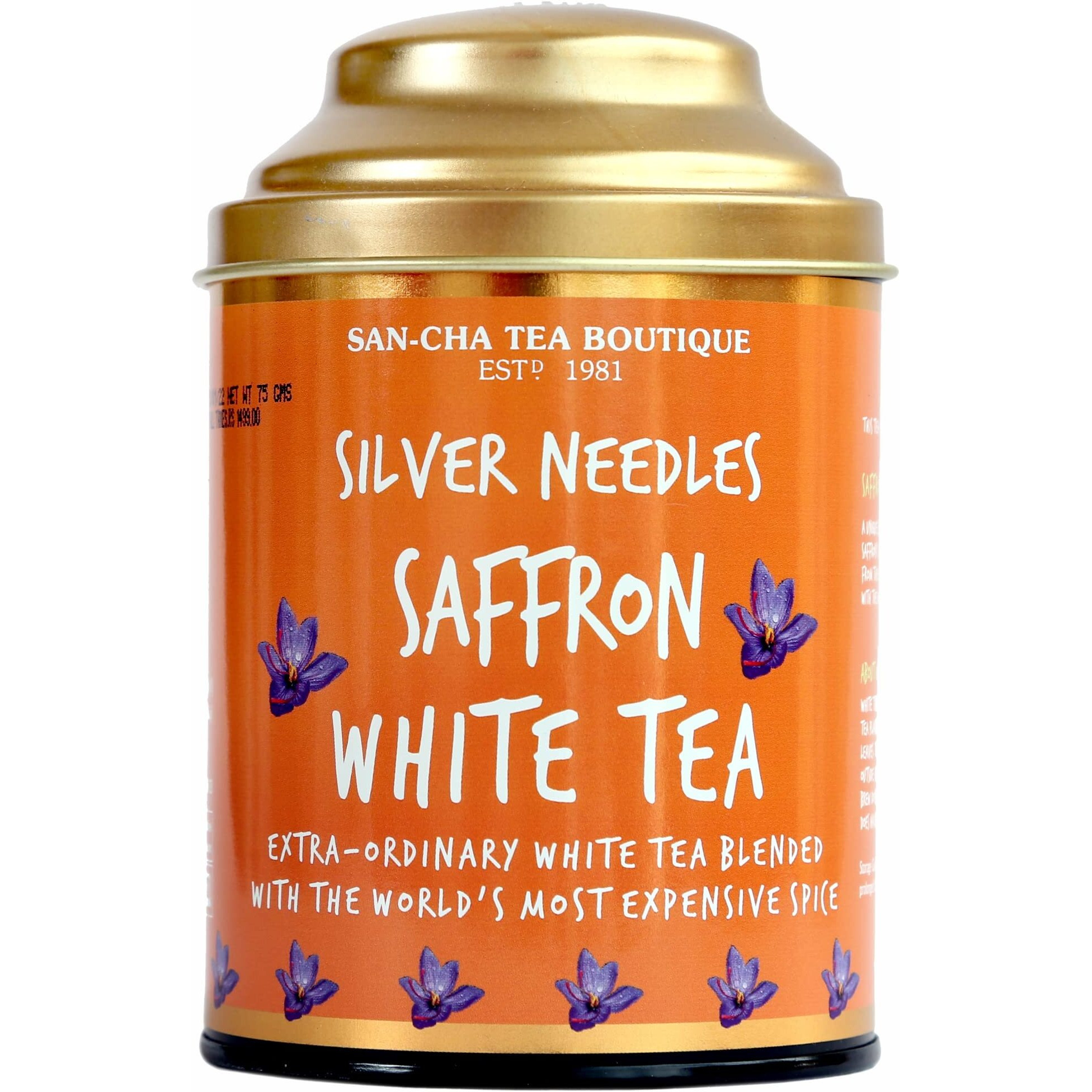 SAN-CHA Tea Boutique, Saffron White Tea, Silver Needle Tea, 75 Gm Loose Leaf Tea, Blended With Real Kashmir Saffron, Delicious Kesar Chai