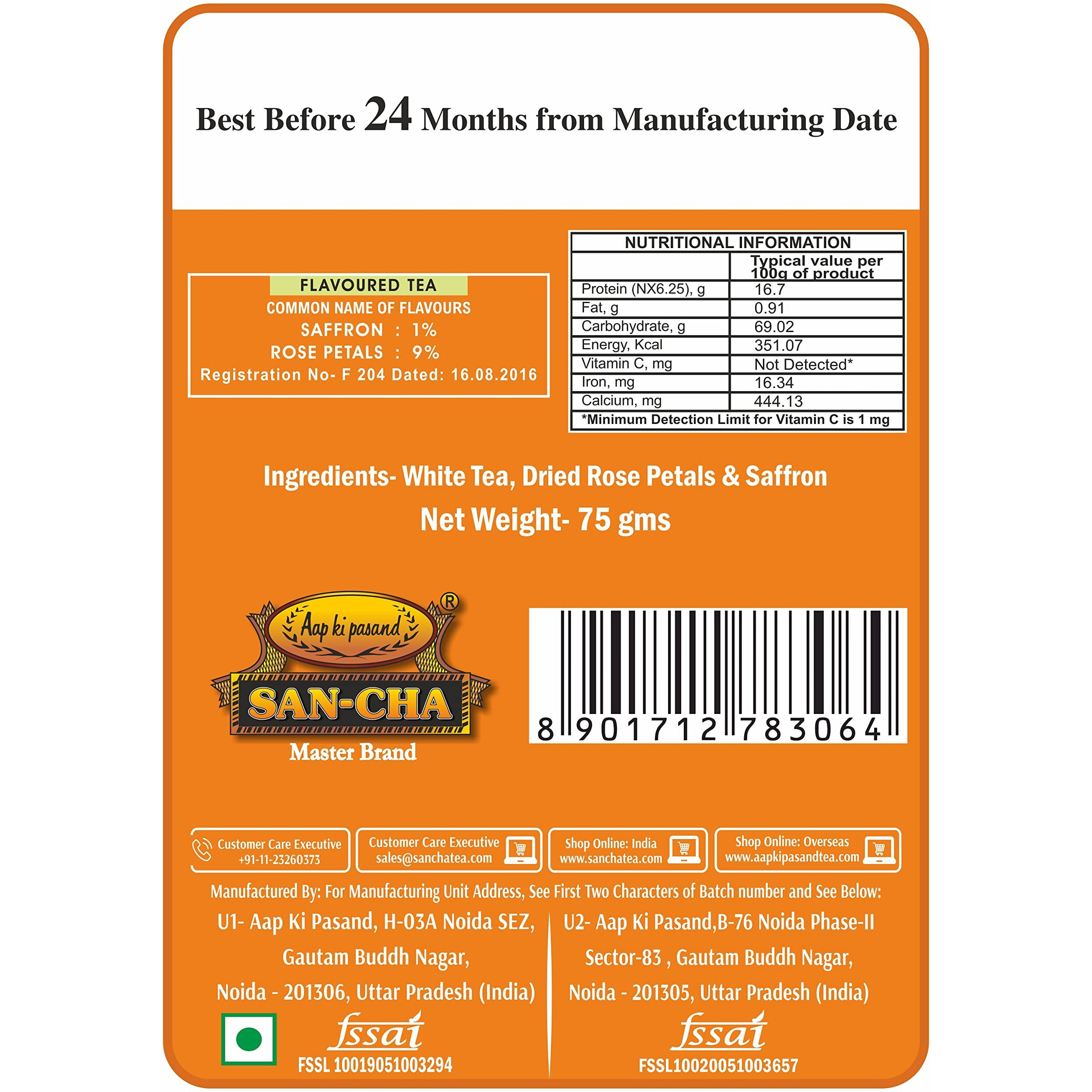 SAN-CHA Tea Boutique, Saffron White Tea, Silver Needle Tea, 75 Gm Loose Leaf Tea, Blended With Real Kashmir Saffron, Delicious Kesar Chai