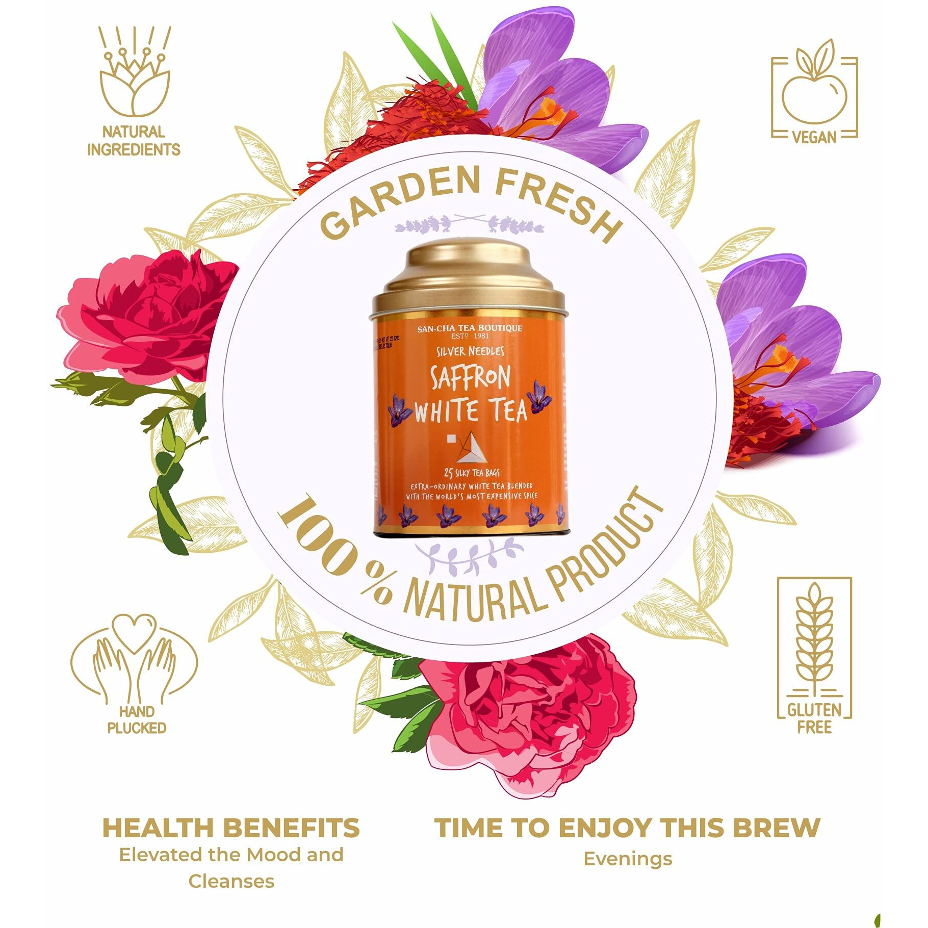 SAN-CHA Tea Boutique, Saffron White Tea, Silver Needle Tea, 75 Gm Loose Leaf Tea, Blended With Real Kashmir Saffron, Delicious Kesar Chai