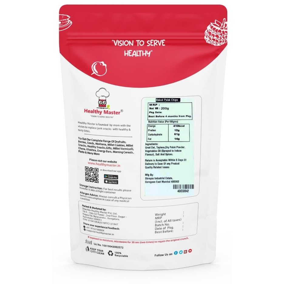 Healthy Master Baked Palak Chips 1000g | All Natural Ingredients | High in Fibre | Low in Sodium | Calcium Rich | Gluten-Free | Vacuum Cooked | Oil-Free