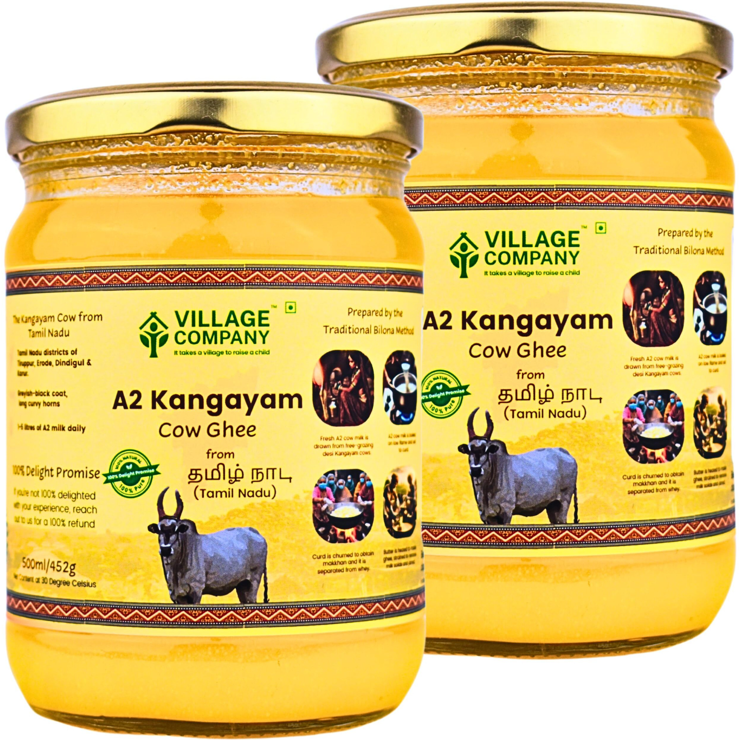 Village Company A2 Bilona Desi Cow Ghee | Bilona Method | Premium, Organic, Traditional | Grass Fed | Kangayam Desi Cow | Lab-Certified | Glass Jar 500ml (Pack of 2)