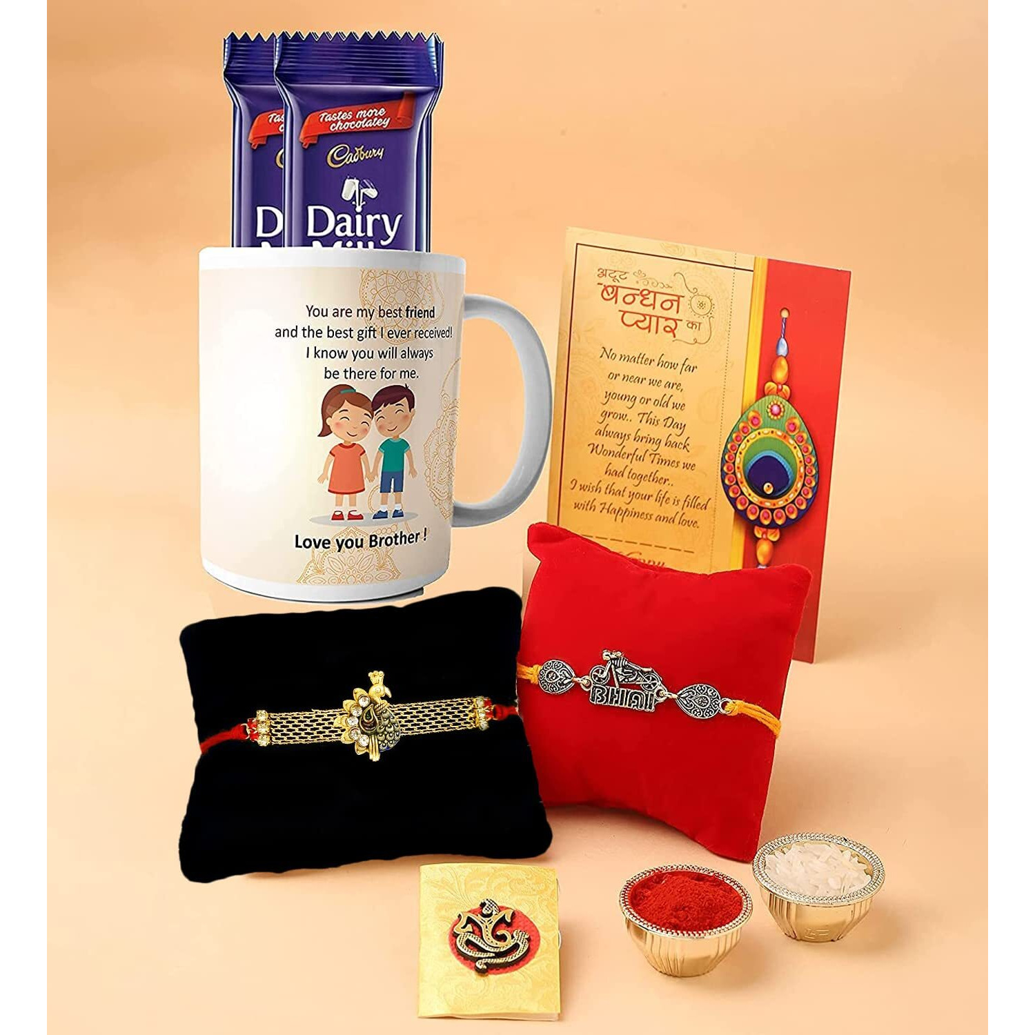 CraftVatika Rakhi Gift Combo with Mug Chocolate Rakhi, Best Friend Printed Coffee Mug with Biker Bhai Rakhi, Peacock Rakhi For Brother with Greeting Card, Tilakk Set, Cadbury Chocolate (Set of 2 Combo)