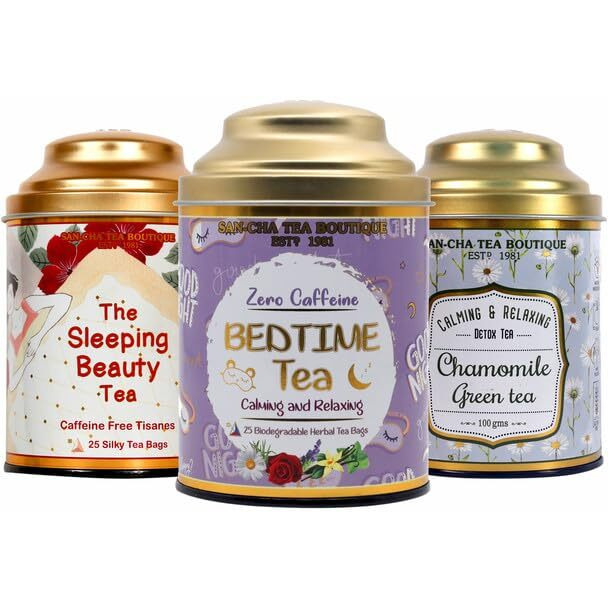 SAN-CHA Tea Boutique Bed Time Tea Bundle, 100% Caffeine Free, Pyramid Tea Bags (65 Count), 100% Biodegradable, Made With Real Herbs & Flowers, Assorted Tea Pack, Chamomile, 540 Gm