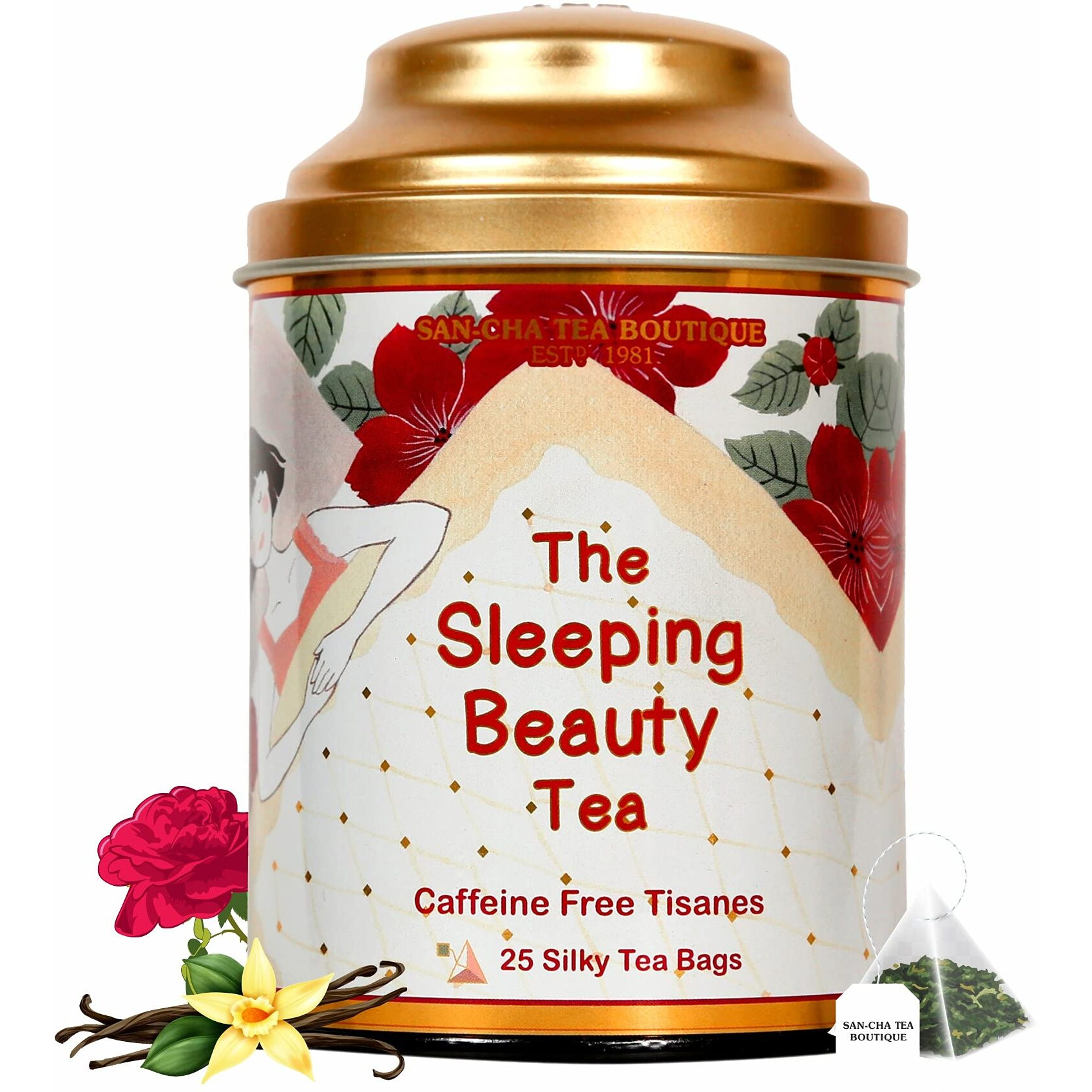 SAN-CHA Tea Boutique Bed Time Tea Bundle, 100% Caffeine Free, Pyramid Tea Bags (65 Count), 100% Biodegradable, Made With Real Herbs & Flowers, Assorted Tea Pack, Chamomile, 540 Gm