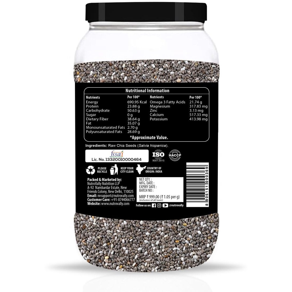 NutroVally Chia Seeds 950gm- Raw Chia Seeds | Organic Chia | Seeds For Eating | Diet Snacks | Chia Seeds for Weight Loss | High Protein Seeds | Rich in Omega 3 (950 g Pack of 1)