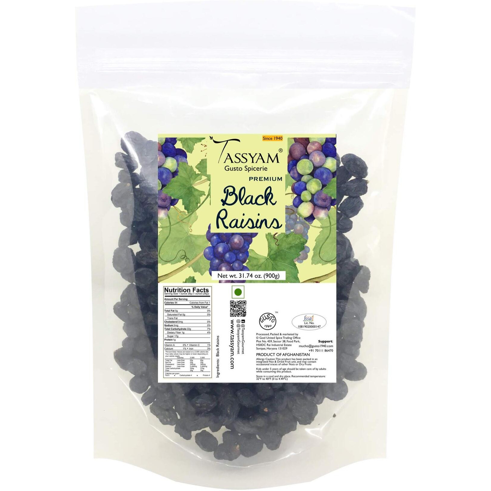 TASSYAM Premium Hand Picked Black Raisins 900Gm Pouch | Healthy Natural Dry Fruits Luxury Pack Of Kali Draksh Kishmish