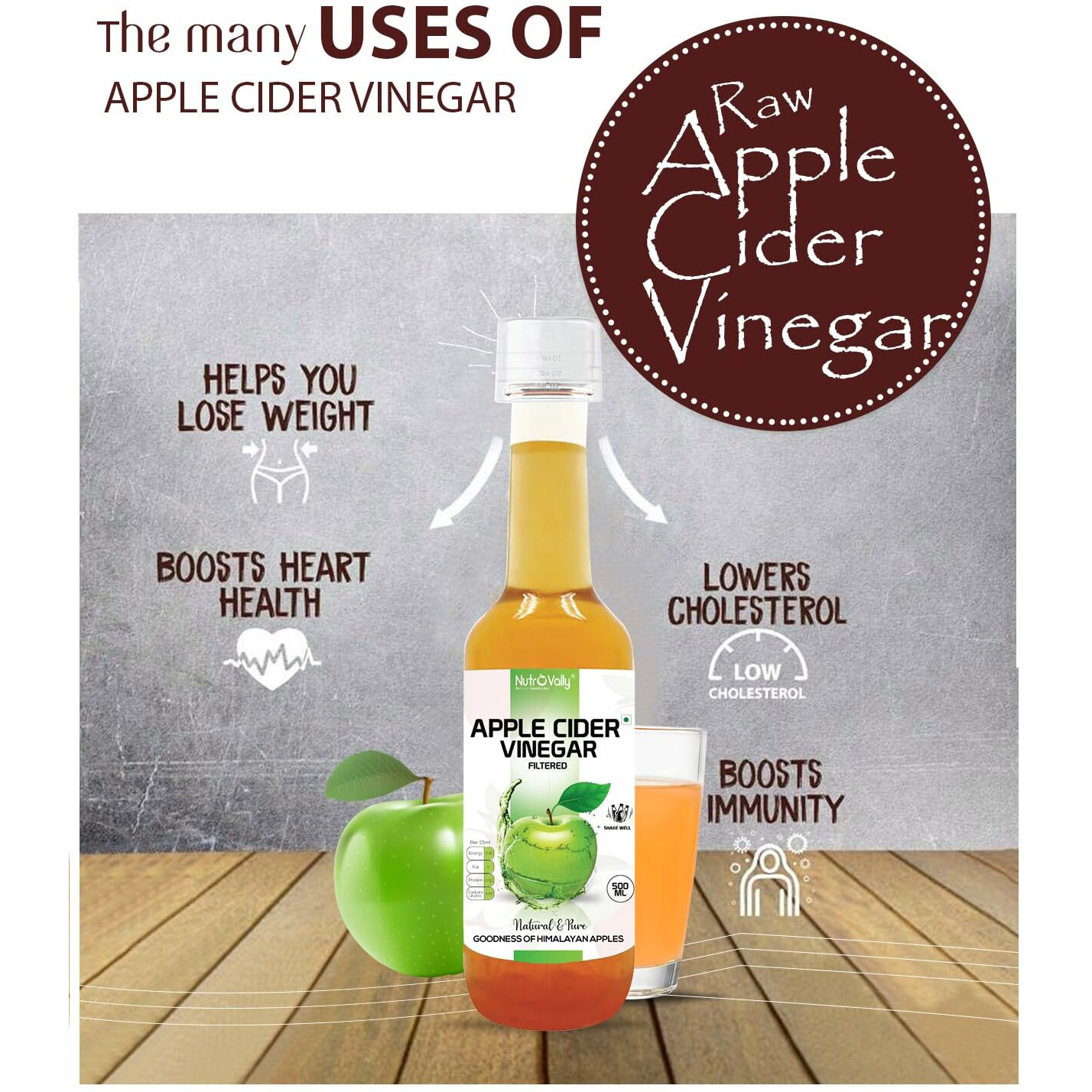 NutroVally Apple Cider Vinegar for Weight Loss | Natural Himalayan Apples | Digestion Booster Filtered ACV (500 ml (Pack of 3))