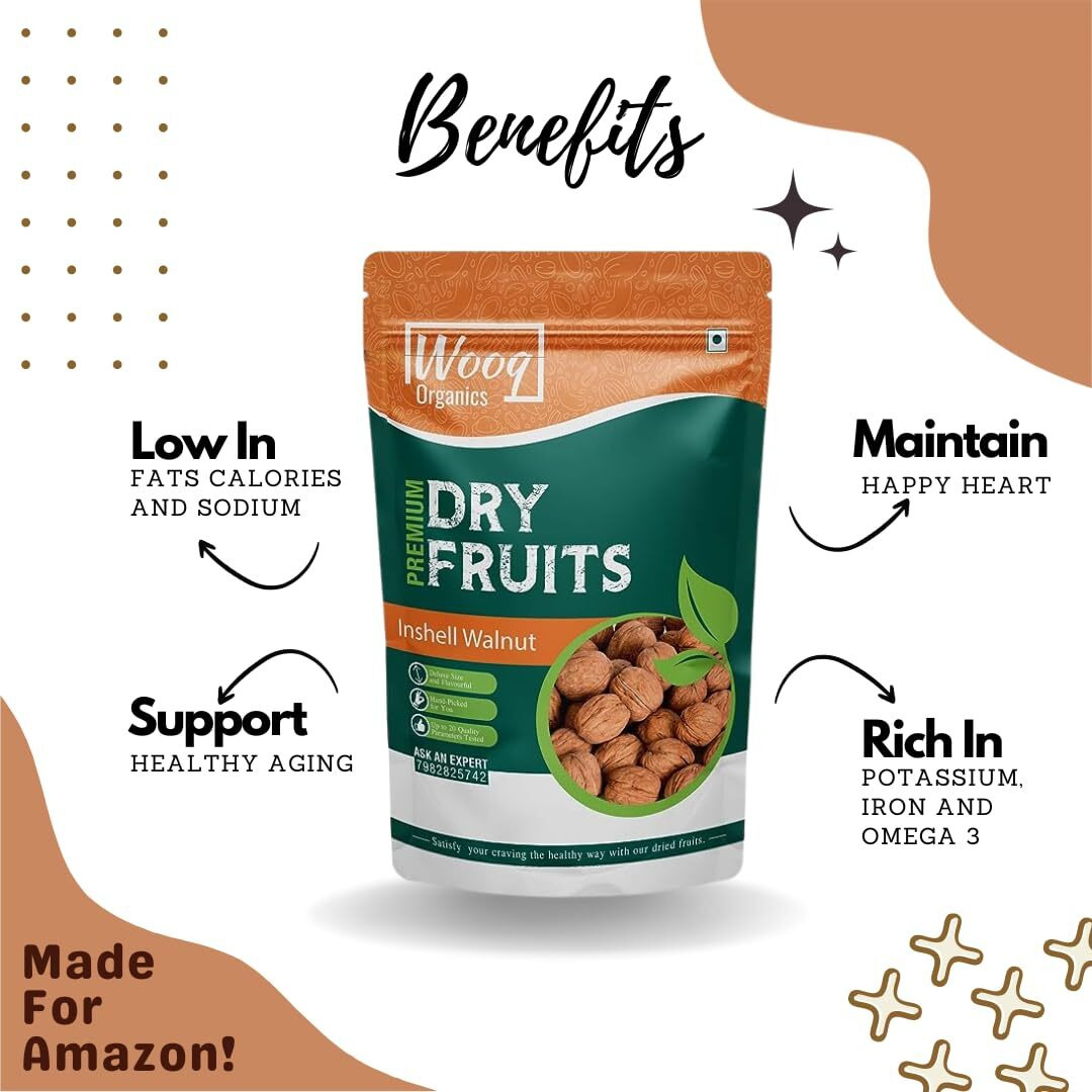 Wooq Organics In shell Fresh Paper Walnuts, Dry Fruits, Regular Size,1kg, (500g x 2 packs)