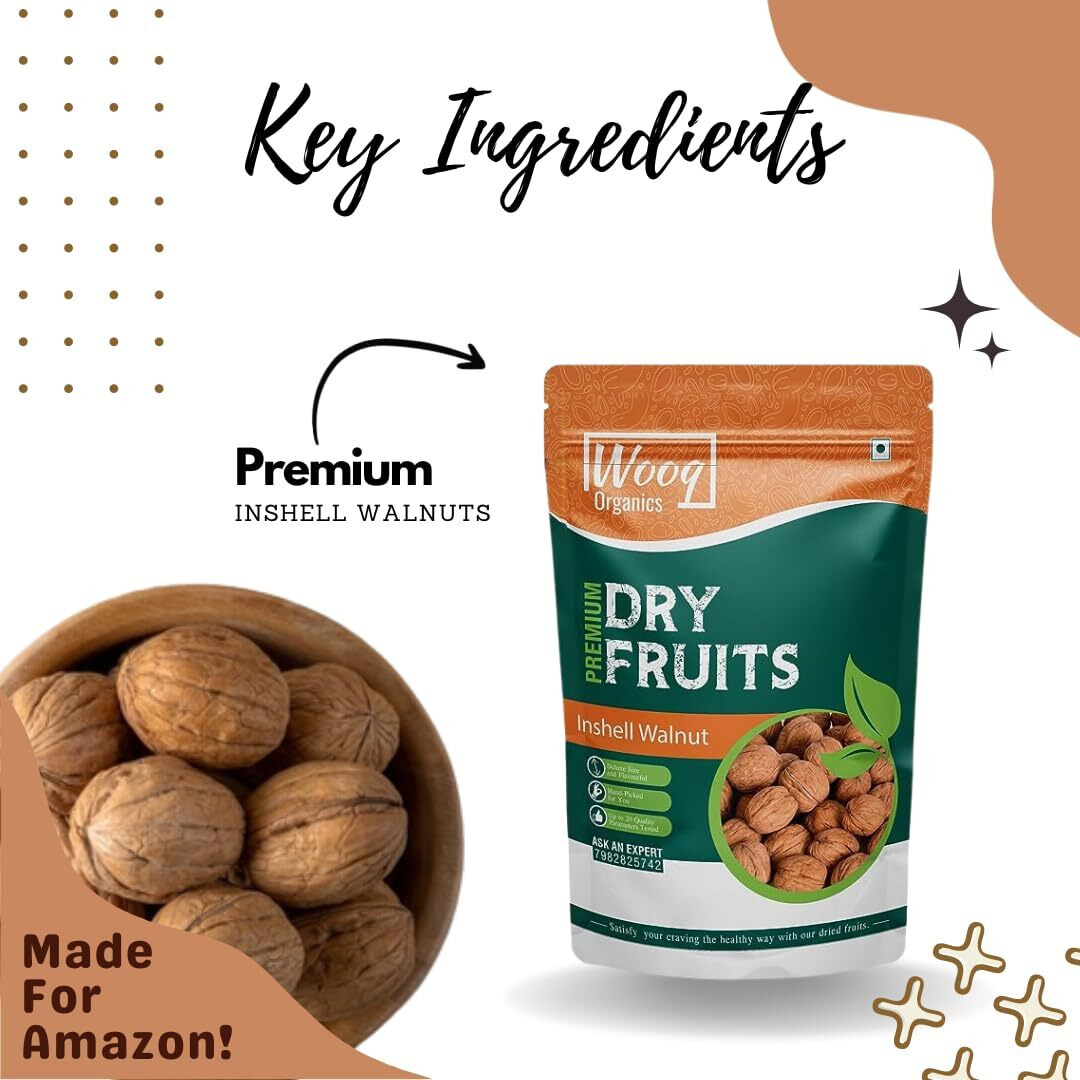 Wooq Organics In shell Fresh Paper Walnuts, Dry Fruits, Regular Size,1kg, (500g x 2 packs)