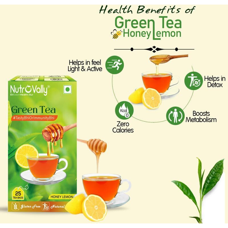 Nutrovally Lemon Honey Green Tea Bags With Immunity Booster And Natural Vitamins, Slim, Digestion, Skin Glow Premium Green Leaves 75 Teabag, 150 Gram