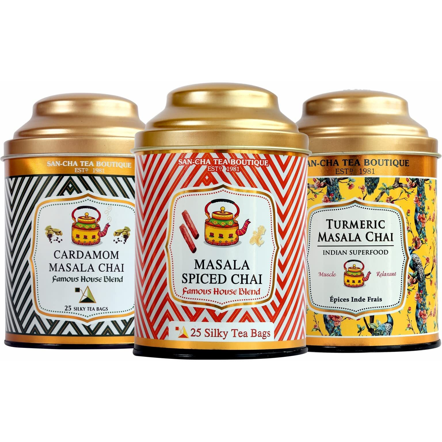 Sancha Tea Boutique Masala Chai Tea Bundle, Value Pack, 50 Pyramid Tea Bags & 100gm Whole Leaf Tea, Turmeric Superfood Chai, Masala Chai & Cardamom Chai, 100% Biodegradable Tea Bags