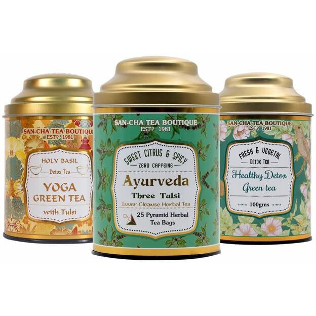 SAN-CHA Tea Boutique Immunity Tea Bundle, Green Tea, Yoga Tulsi Tea & Inner Cleanse (Herbal), 100% Biodegradable Tea Bags, Value Pack, Tea Assortment, 100 Gm