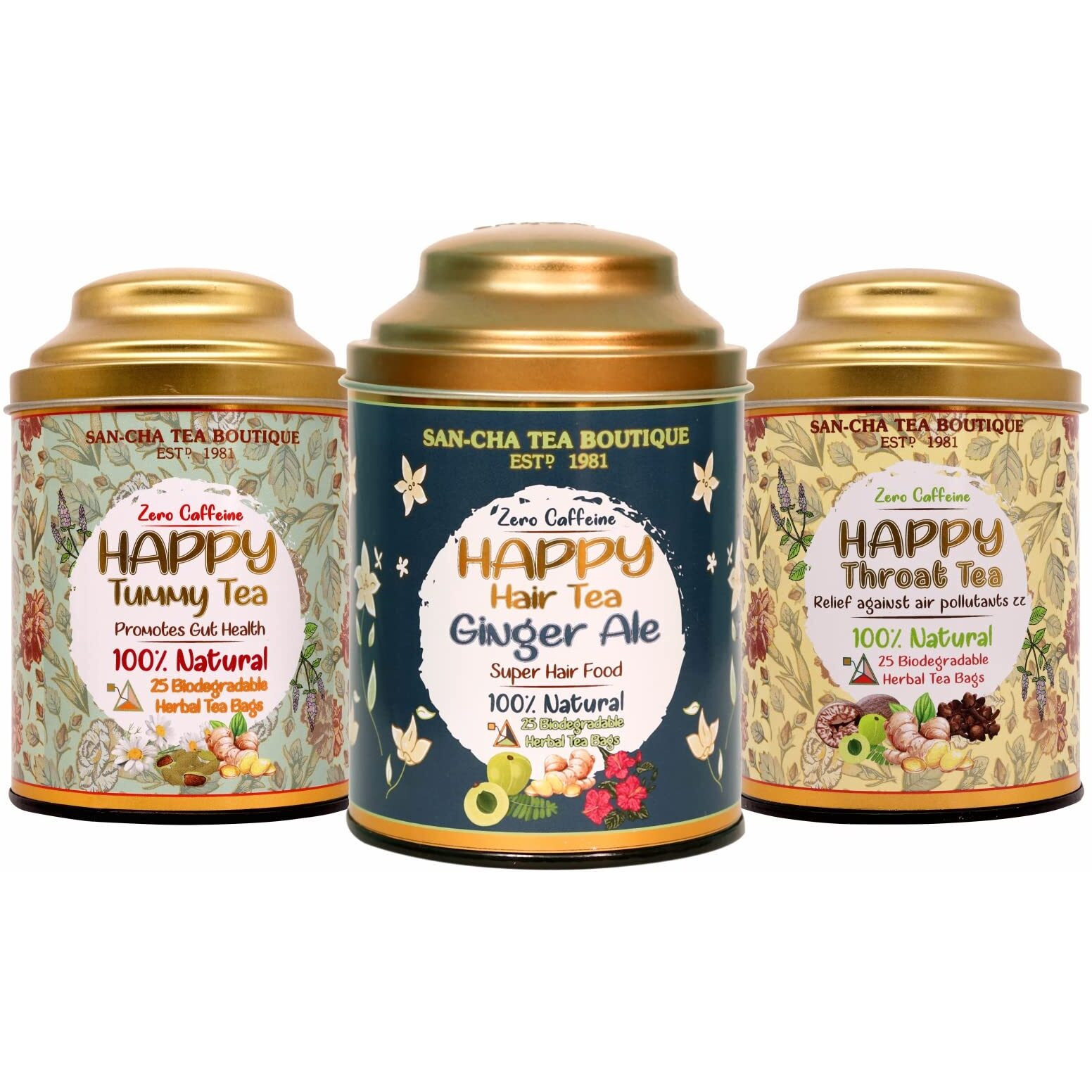 Sancha Tea Boutique Happy Tea Bundle Caffeine free, Happy Tummy Tea, Happy Hair Tea, Happy Throat Tea, Environment Friendly, 75 Pyramid Tea Bags, Tea Assortment, Value Pack