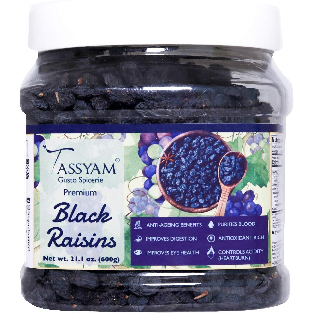 TASSYAM Premium Hand Picked Black Raisins 600Gm Jumbo Jar | Healthy Natural Dry Fruits Luxury Pack Of Kali Draksh Kishmish