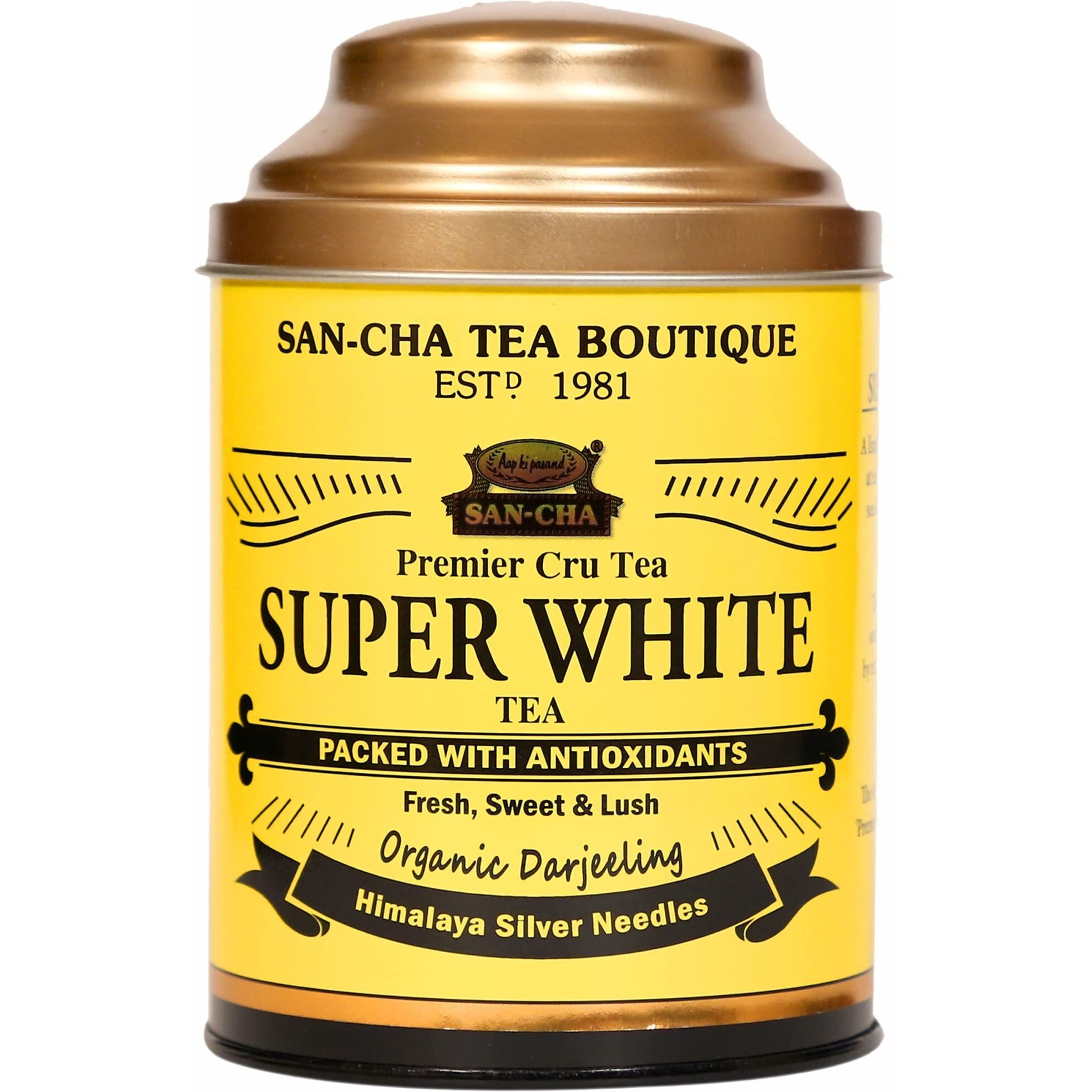 SAN-CHA Tea Boutique, Super White Tea (75X3 Cups), Worlds Healthiest Tea, Low Caffeine Tea, Silver Needles White Tea, Organic Darjeeling White Tea, Darjeeling White Loose Leaves Tea Treasure, 150 Gram