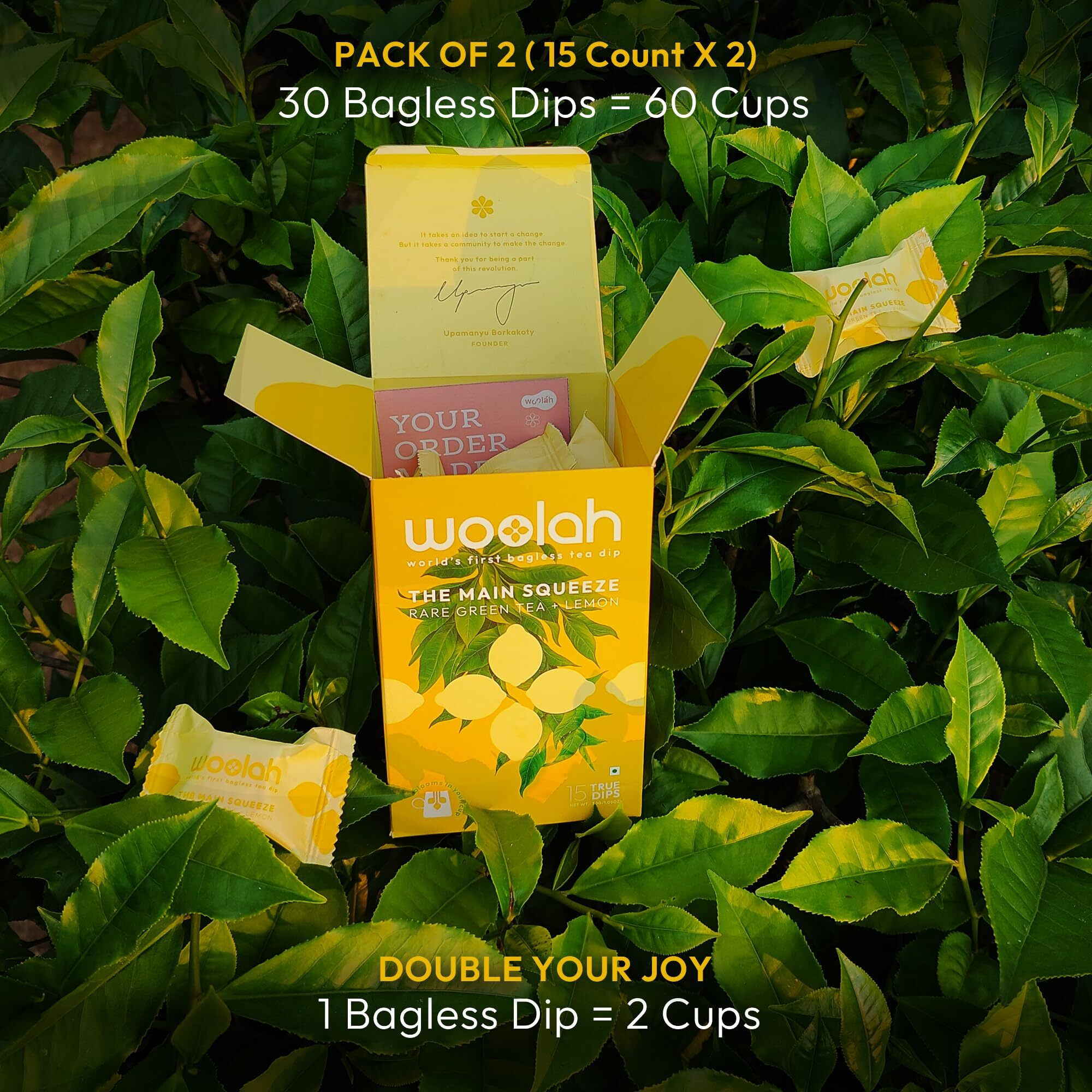Woolah Rare Assam Green Tea With Lemon, Organic Bagless Tea Dip (2 Packs  30 Dips /60 Cups) 100% Plastic Free, Improves Skin Health, 160 Gram
