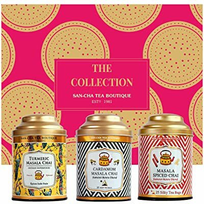 Sancha Tea Boutique The Festive Collection Tea Gift Box, Tea Gift Box, Tea Assortment, Masala chai, Cardamom Masala chai & Turmeric Chai, 150gm Loose Leaf Tea, Pack of 3 Teas, Spiced Teas
