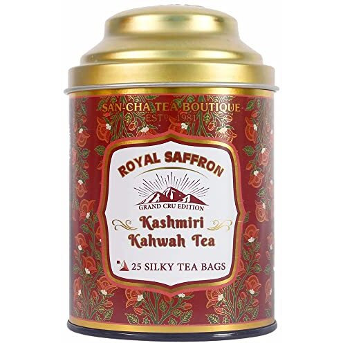 Sancha Tea Boutique, Kashmiri Kahwah Tea, 25 Pyramid Tea Bags, Saffron Tea, Blended with Real Saffron & Almonds, Real Kesar Tea, Saffron Green Tea