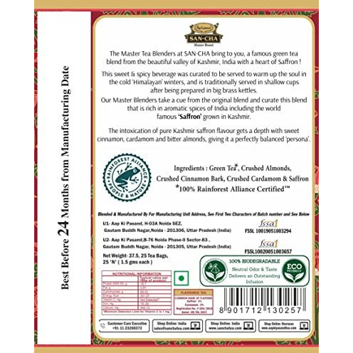 Sancha Tea Boutique, Kashmiri Kahwah Tea, 25 Pyramid Tea Bags, Saffron Tea, Blended with Real Saffron & Almonds, Real Kesar Tea, Saffron Green Tea