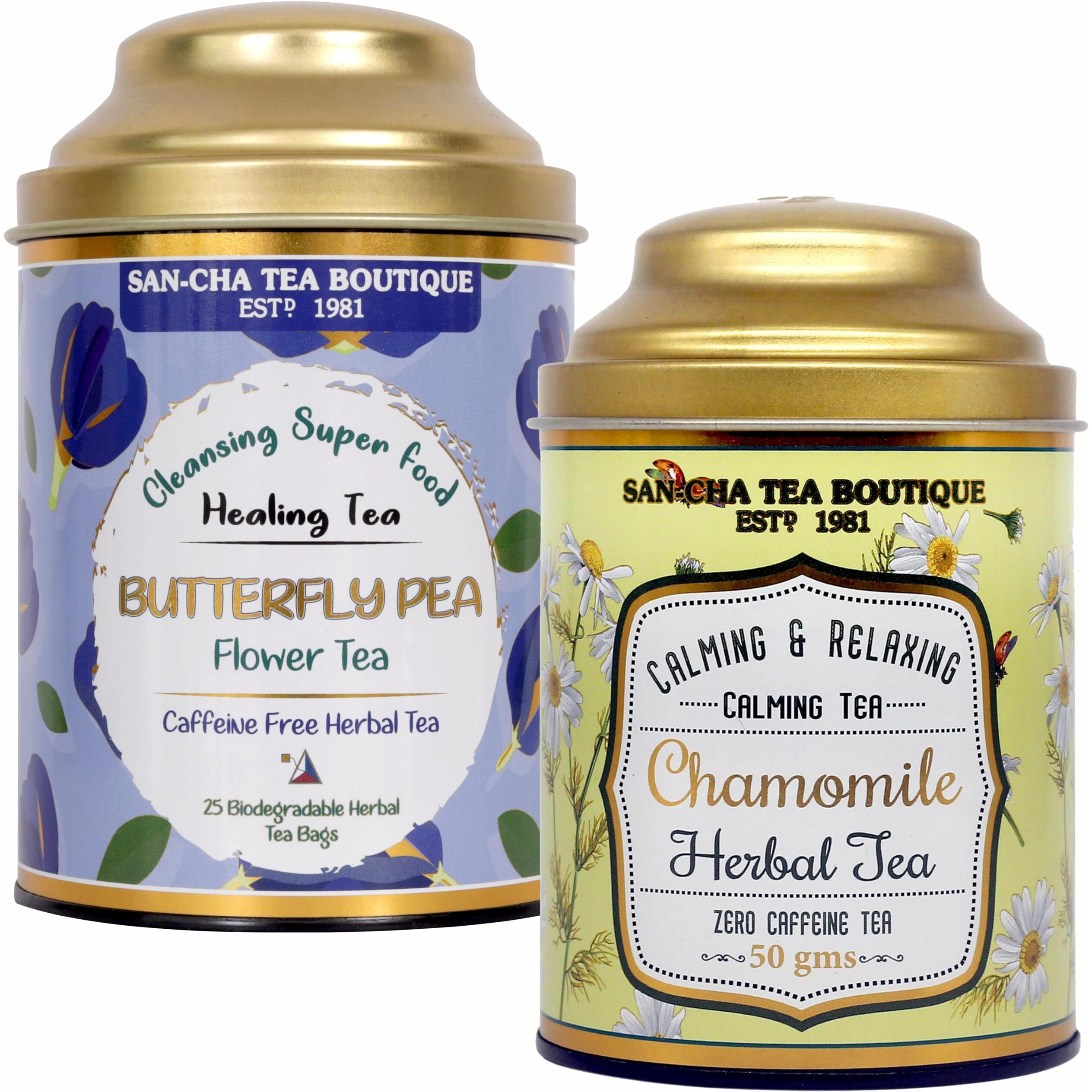 SAN-CHA Tea Boutique, Botanic Tea Combo, 2In1 Caffeine Free Herbal Teas, Butterfly Pea Flower Tea (25 Tea Bags) & Chamomile Flower Tea (50 Gram Flowers), Stress Relief Tea, Herbal Tea Gift