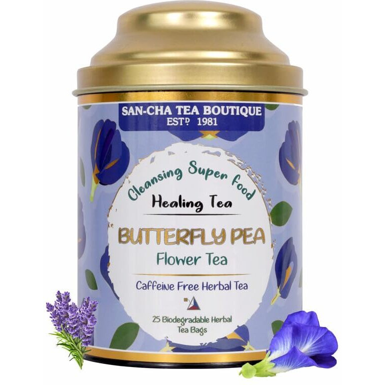 SAN-CHA Tea Boutique, Botanic Tea Combo, 2In1 Caffeine Free Herbal Teas, Butterfly Pea Flower Tea (25 Tea Bags) & Chamomile Flower Tea (50 Gram Flowers), Stress Relief Tea, Herbal Tea Gift