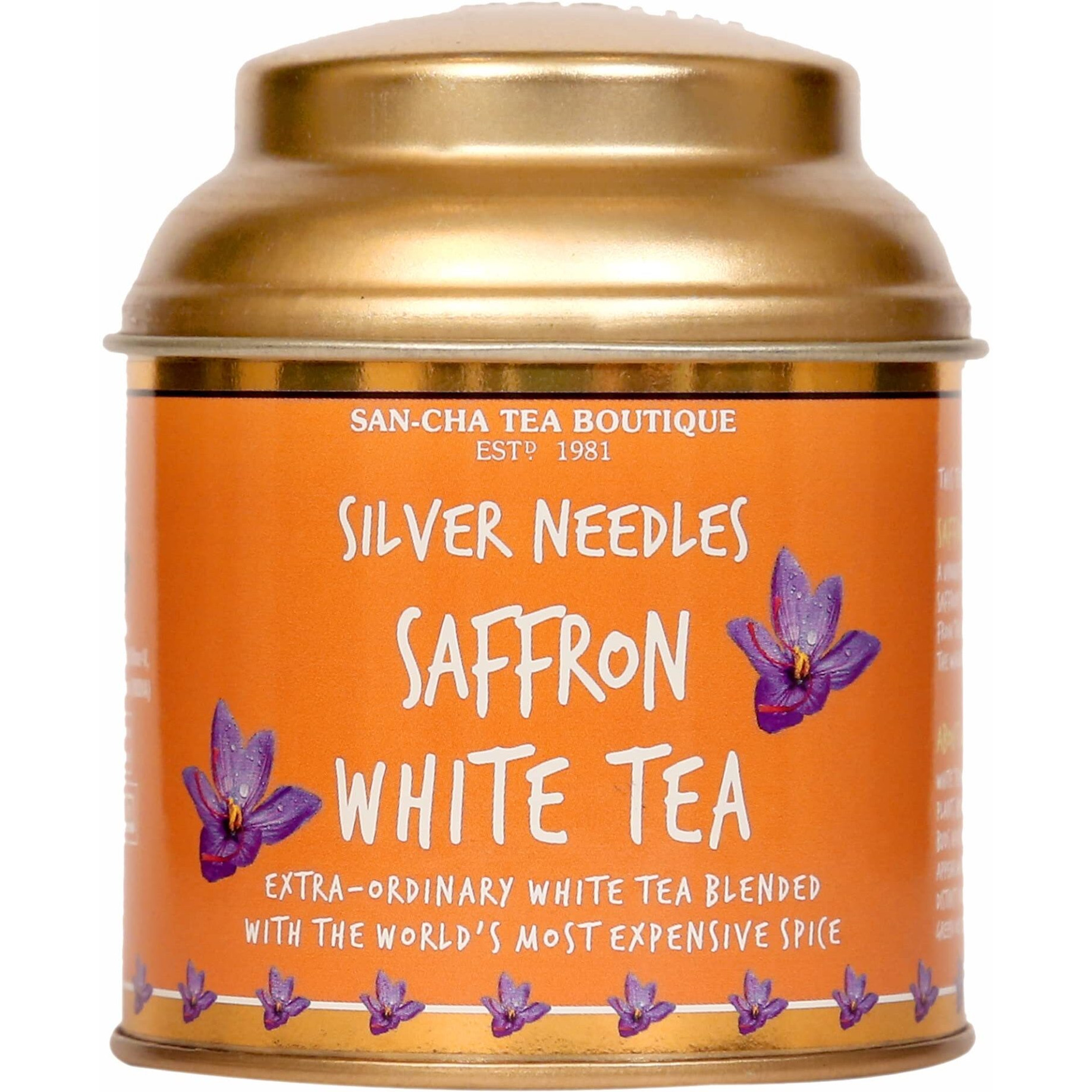 SAN-CHA Tea Boutique, Saffron White Tea, Silver Needles Tea, Makes Over 75 Cups, Real Kashmir Saffron Tea, Low Caffeine Tea, Full Of Antioxidants, 50 grams, Pack of 1