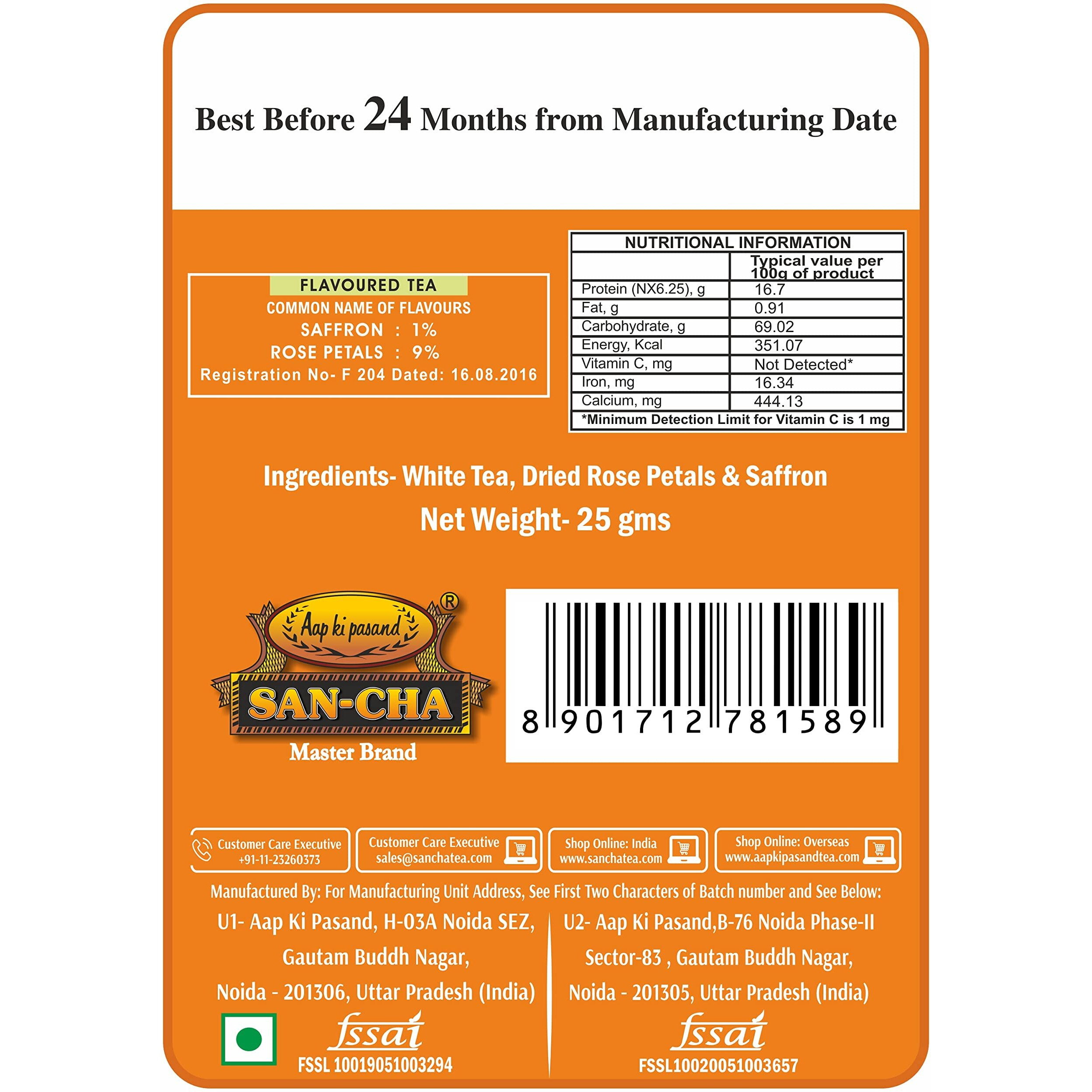 SAN-CHA Tea Boutique, Saffron White Tea, Silver Needles Tea, Makes Over 75 Cups, Real Kashmir Saffron Tea, Low Caffeine Tea, Full Of Antioxidants, 50 grams, Pack of 1