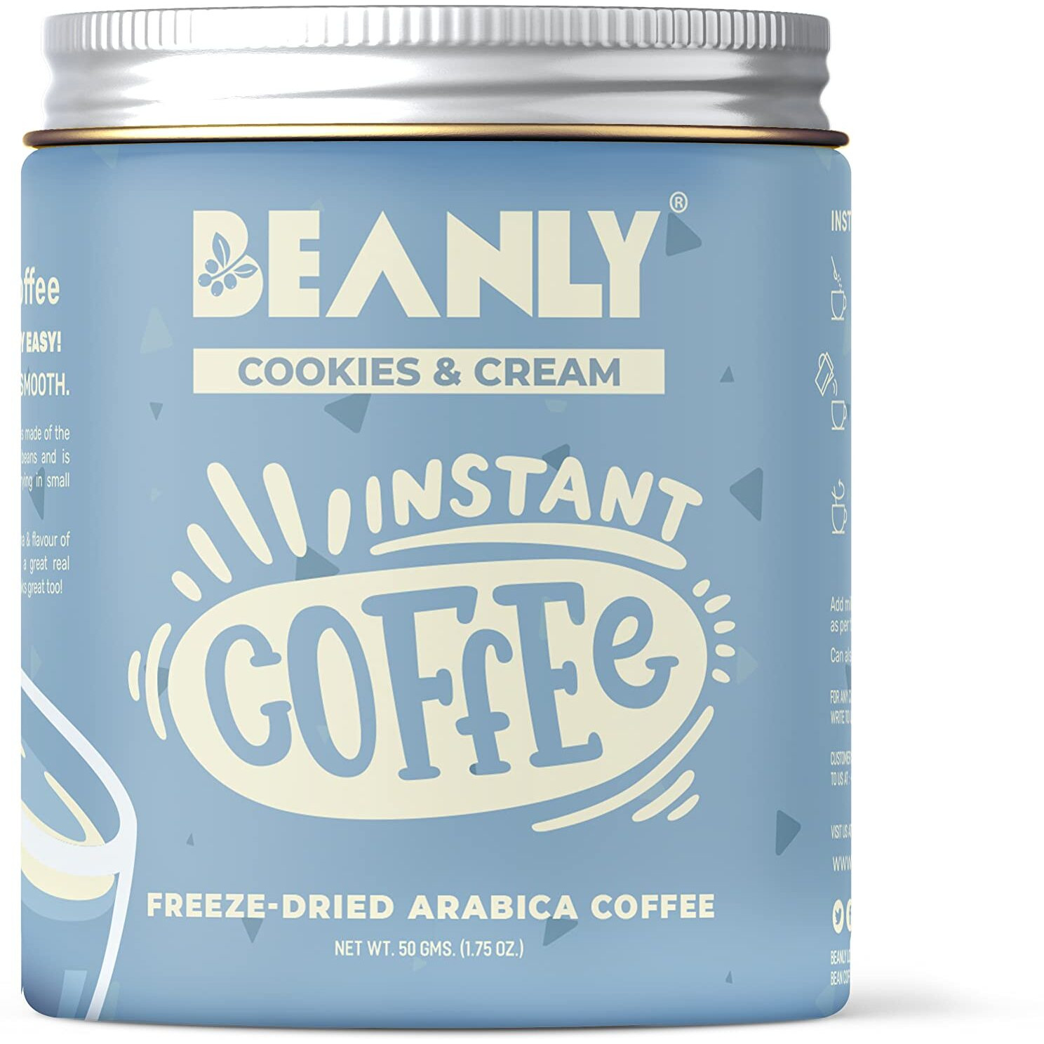 Beanly Instant Coffee Powder (Cookies & Cream Flavour) - 50 gm, Freeze Dried Arabica Coffee, Hot & Cold Coffee, Dark Roast Strong Coffee, Espresso, Latte, Cappuccino