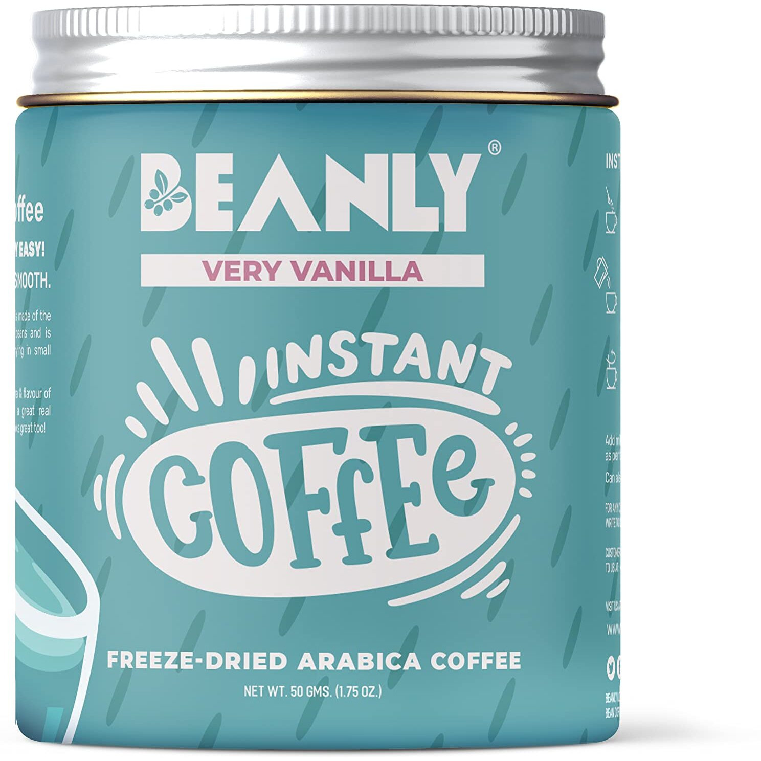 Beanly Instant Coffee Powder (Very Vanilla Flavour) - 50 gm, Freeze Dried Arabica Coffee, Hot & Cold Coffee, Dark Roast Strong Coffee, Espresso, Latte, Cappuccino