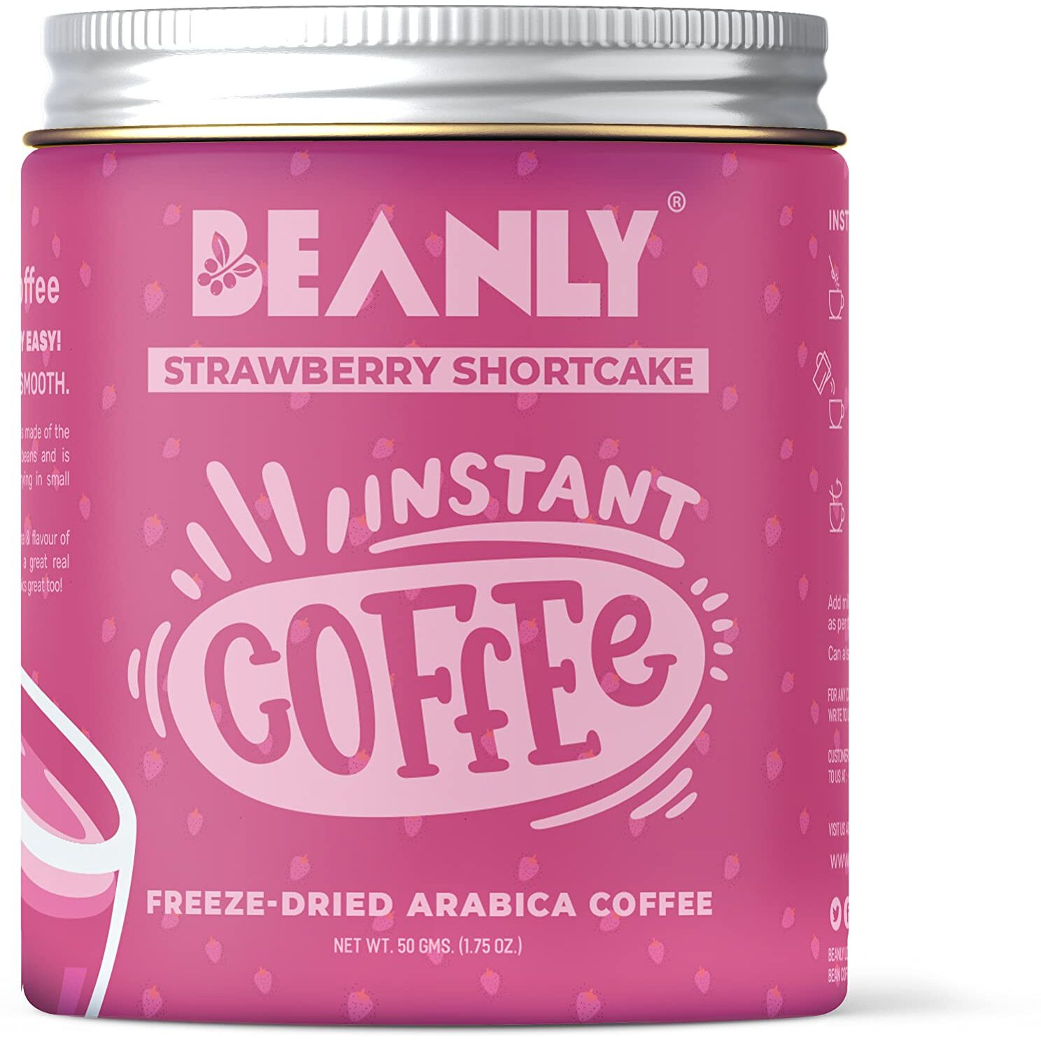 Beanly Instant Coffee Powder (Strawberry Shortcake Flavour) - 50 gm, Freeze Dried Arabica Coffee, Hot & Cold Coffee, Dark Roast Strong Coffee, Espresso, Latte, Cappuccino