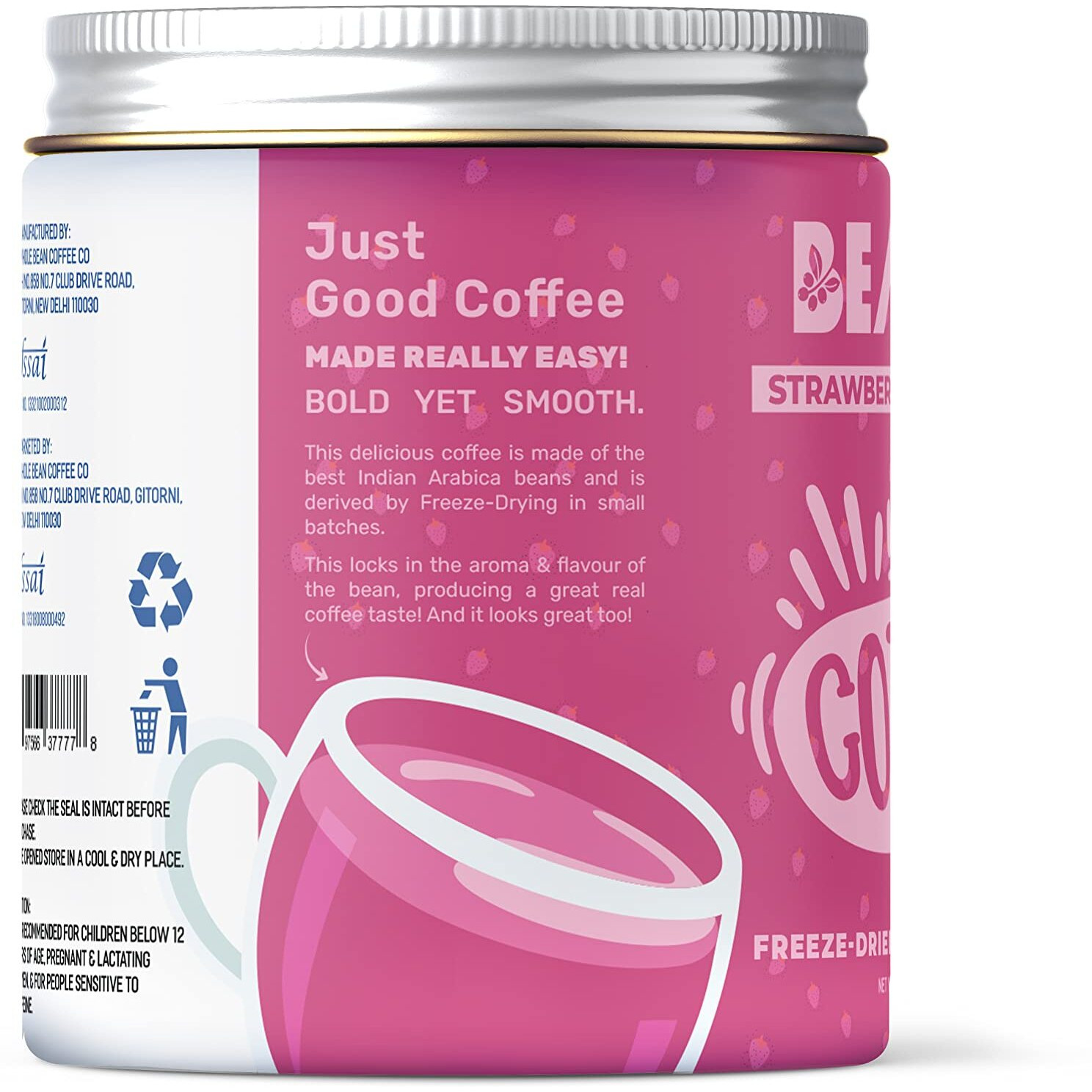 Beanly Instant Coffee Powder (Strawberry Shortcake Flavour) - 50 gm, Freeze Dried Arabica Coffee, Hot & Cold Coffee, Dark Roast Strong Coffee, Espresso, Latte, Cappuccino
